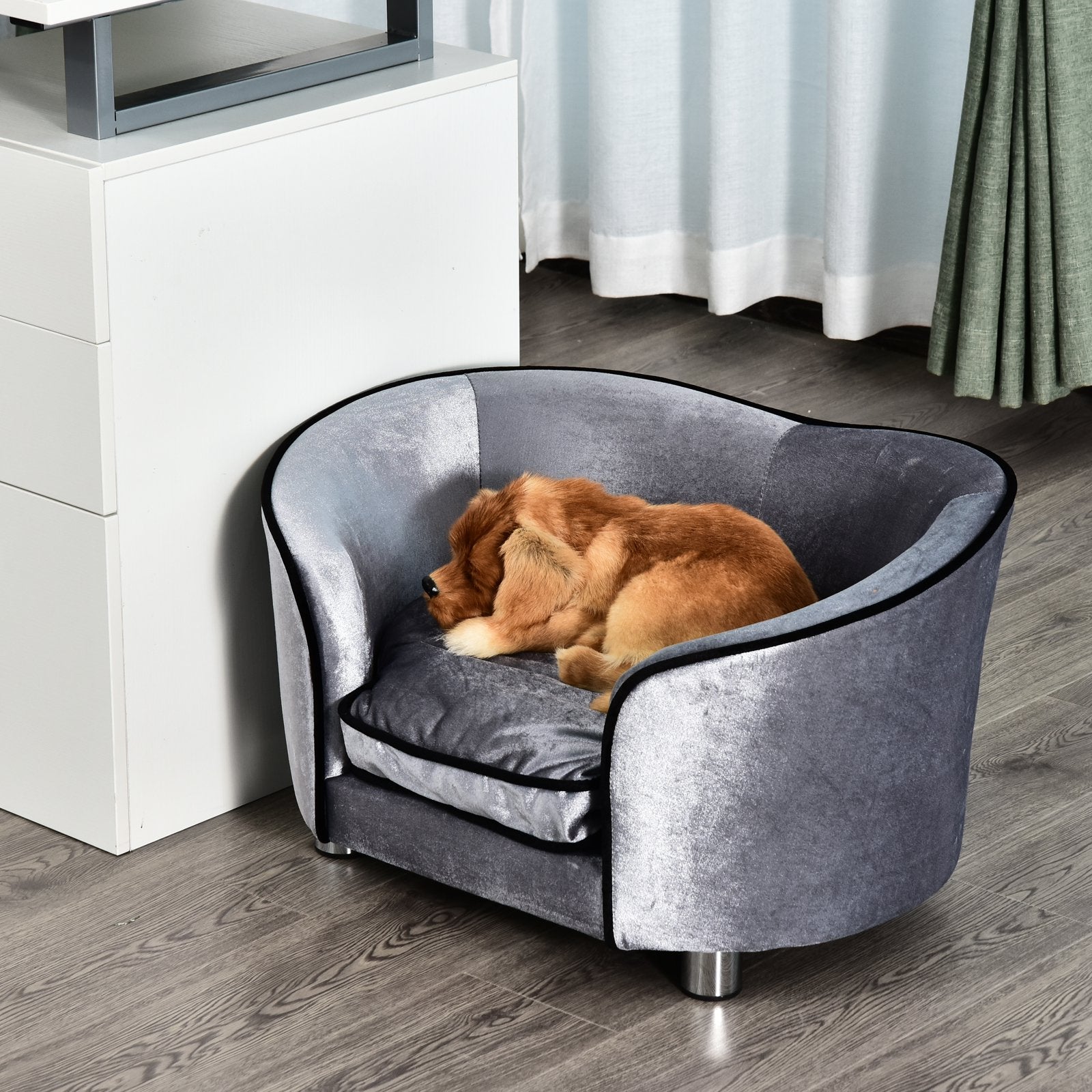 Pets Evelated Wooden Sofa Bed with Plush Cushion Silver Grey