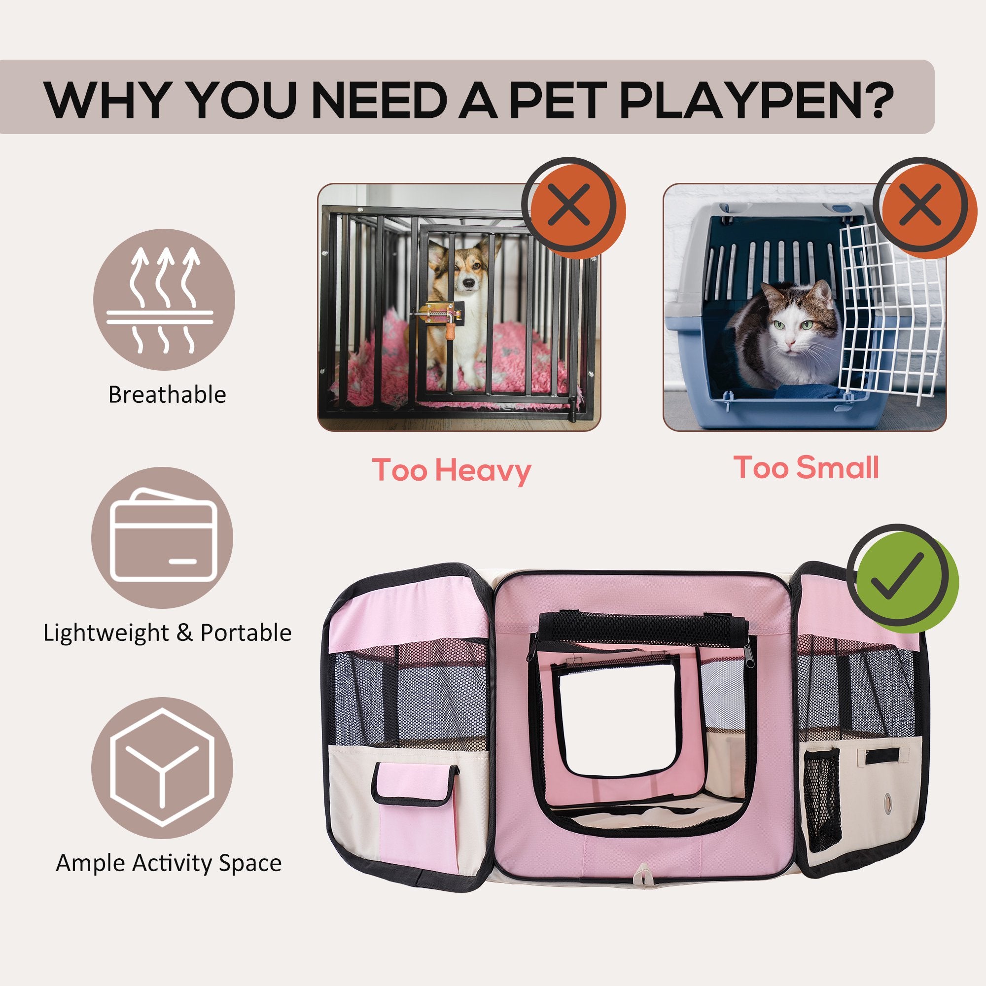 HOMCOM Fabric Pet Dog Playpen 37x37x95 cm-Pink/Cream