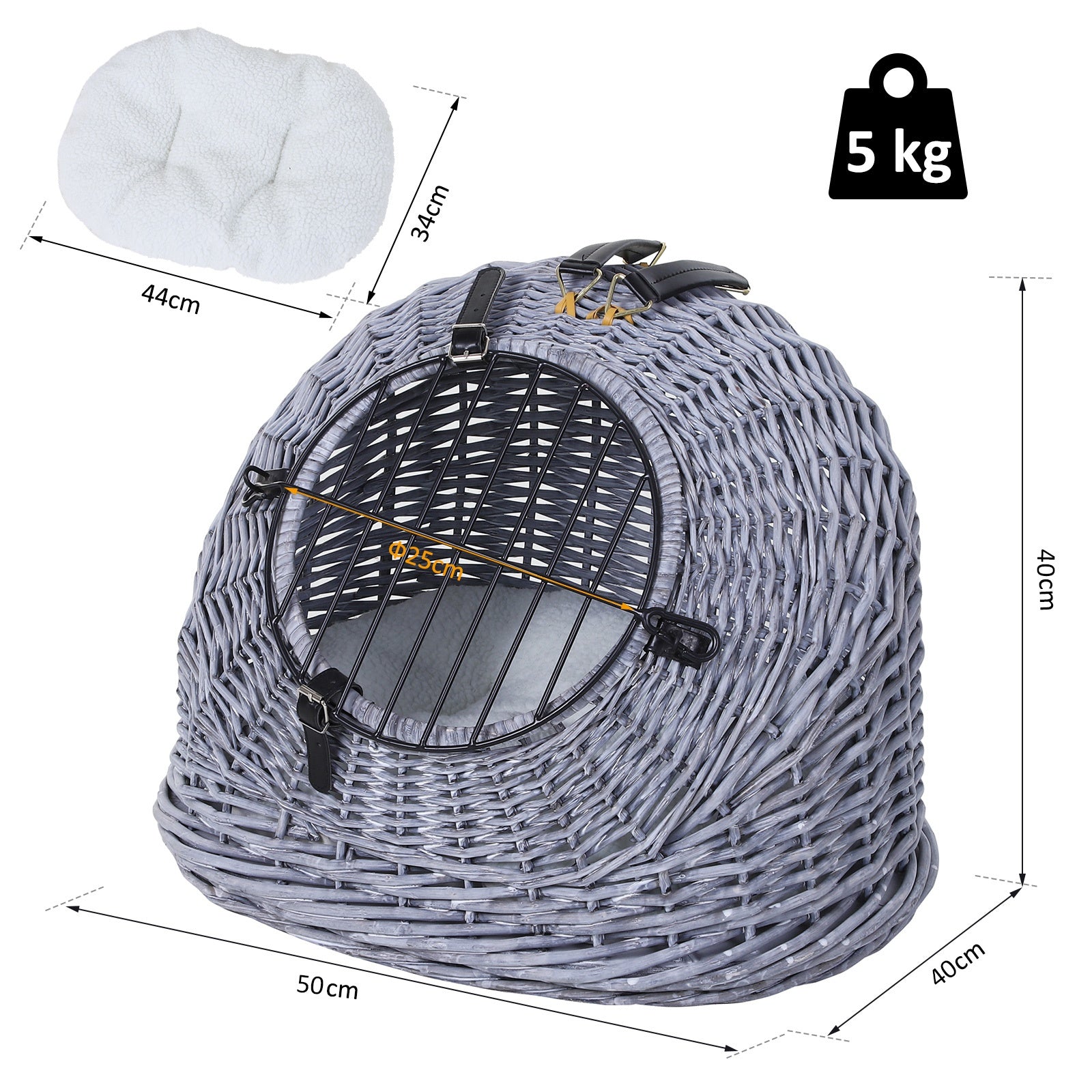 Cats Wicker Travel Carrier Basket w/ Plush Cushion Grey
