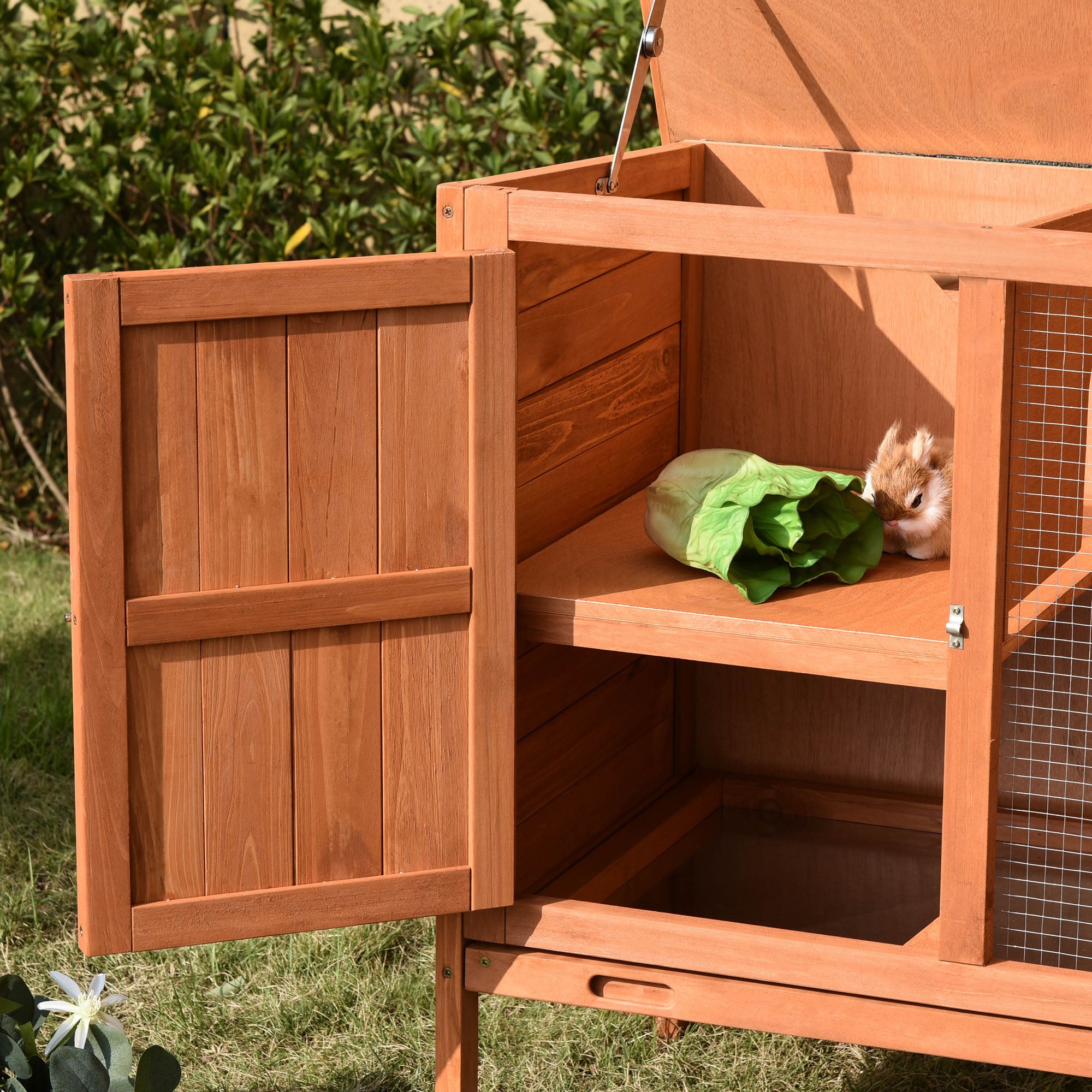 Wooden Rabbit Hutch Elevated Pet Bunny House with Slide-Out Tray Openable Roof