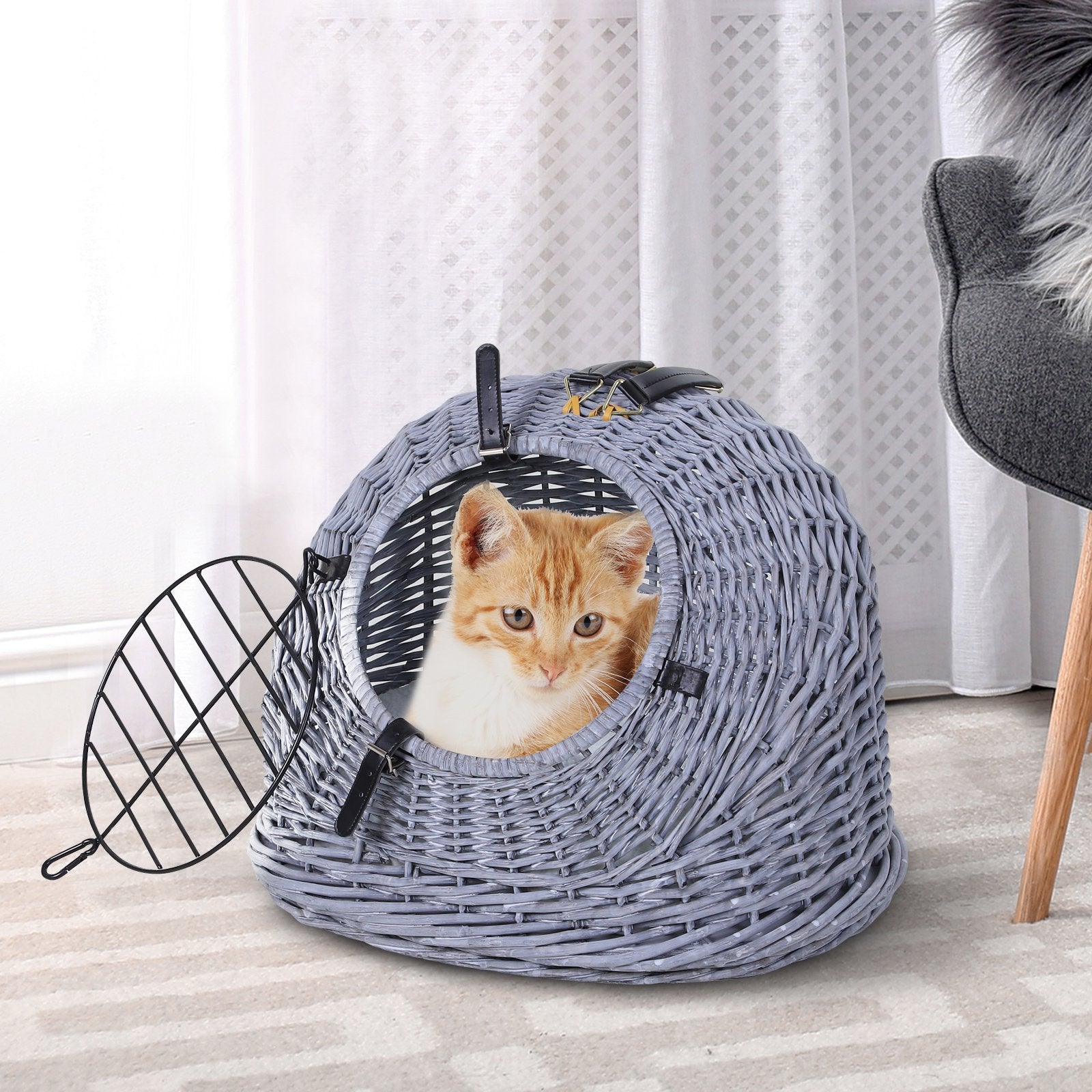 Cats Wicker Travel Carrier Basket w/ Plush Cushion Grey