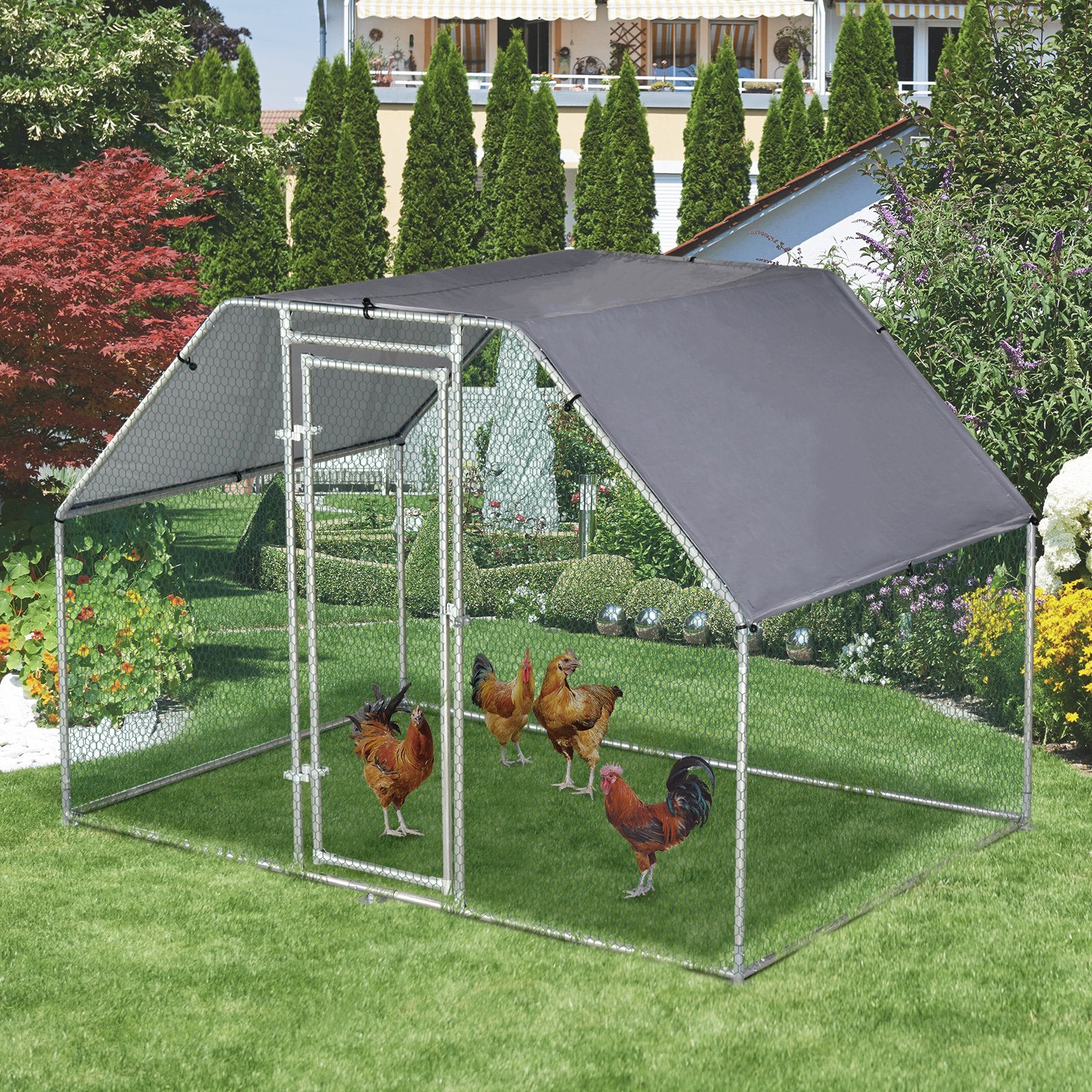 PawHut Large Metal Walk-In Chicken Coop Run Cage w/ Cover Outdoor, 280W x 190D x 195H cm