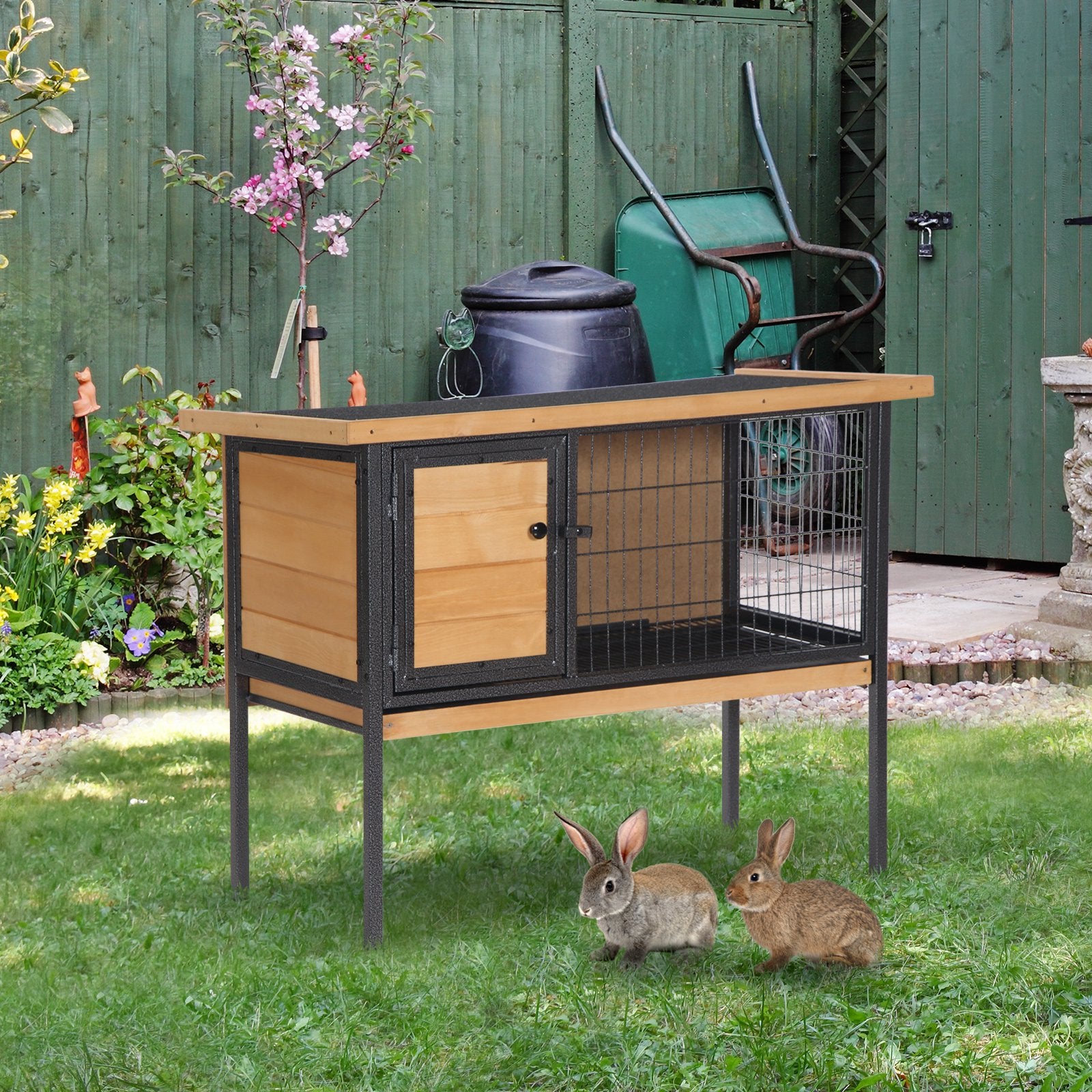 Wooden Rabbit Hutch Elevated Pet House Bunny with Slide-Out Tray Outdoor Natural