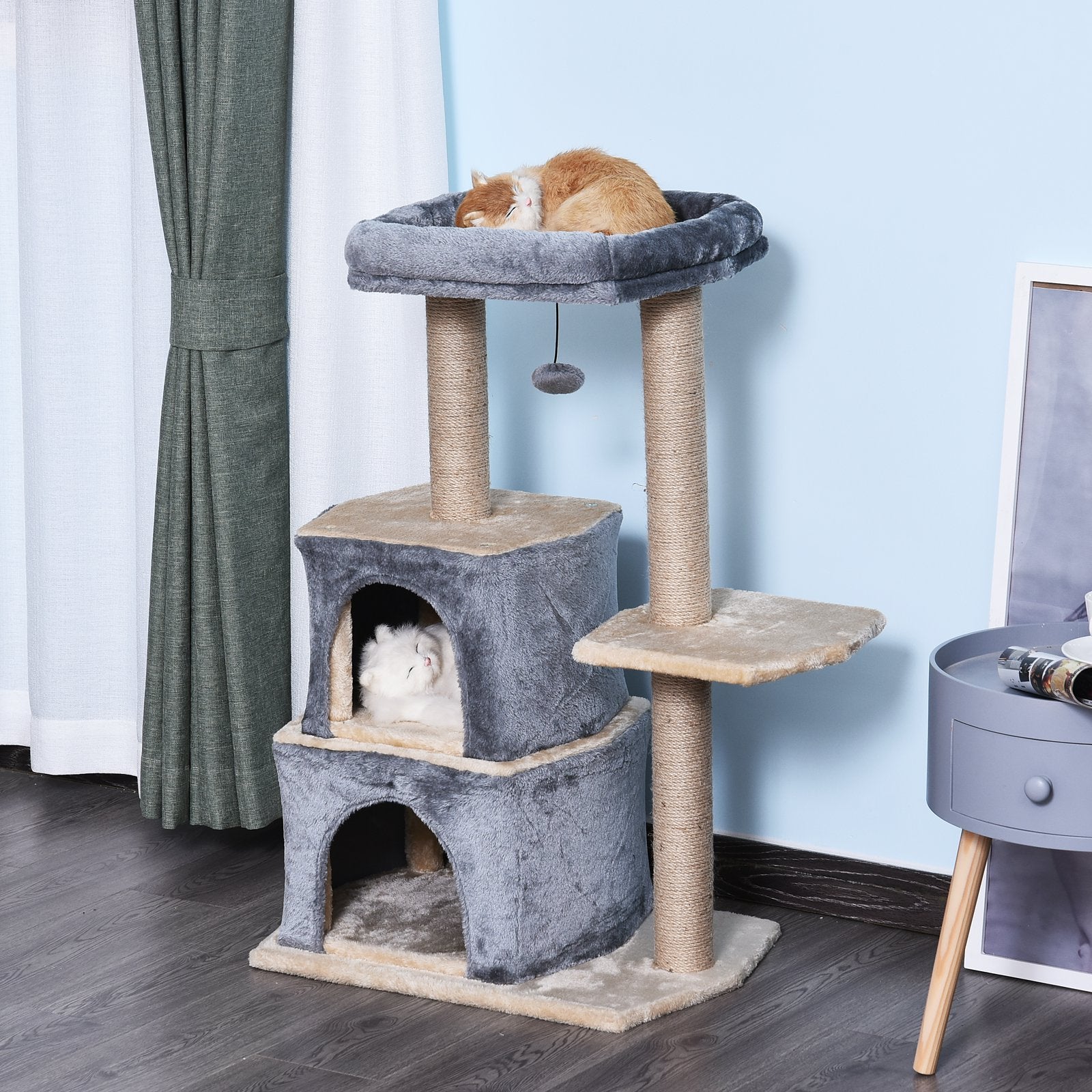 Multi-Level Cat Scratching Tree Condo Pet Activity Centre with Sisal-Covered Scratching Posts Perch w/ Bed and Dangle Toy Grey