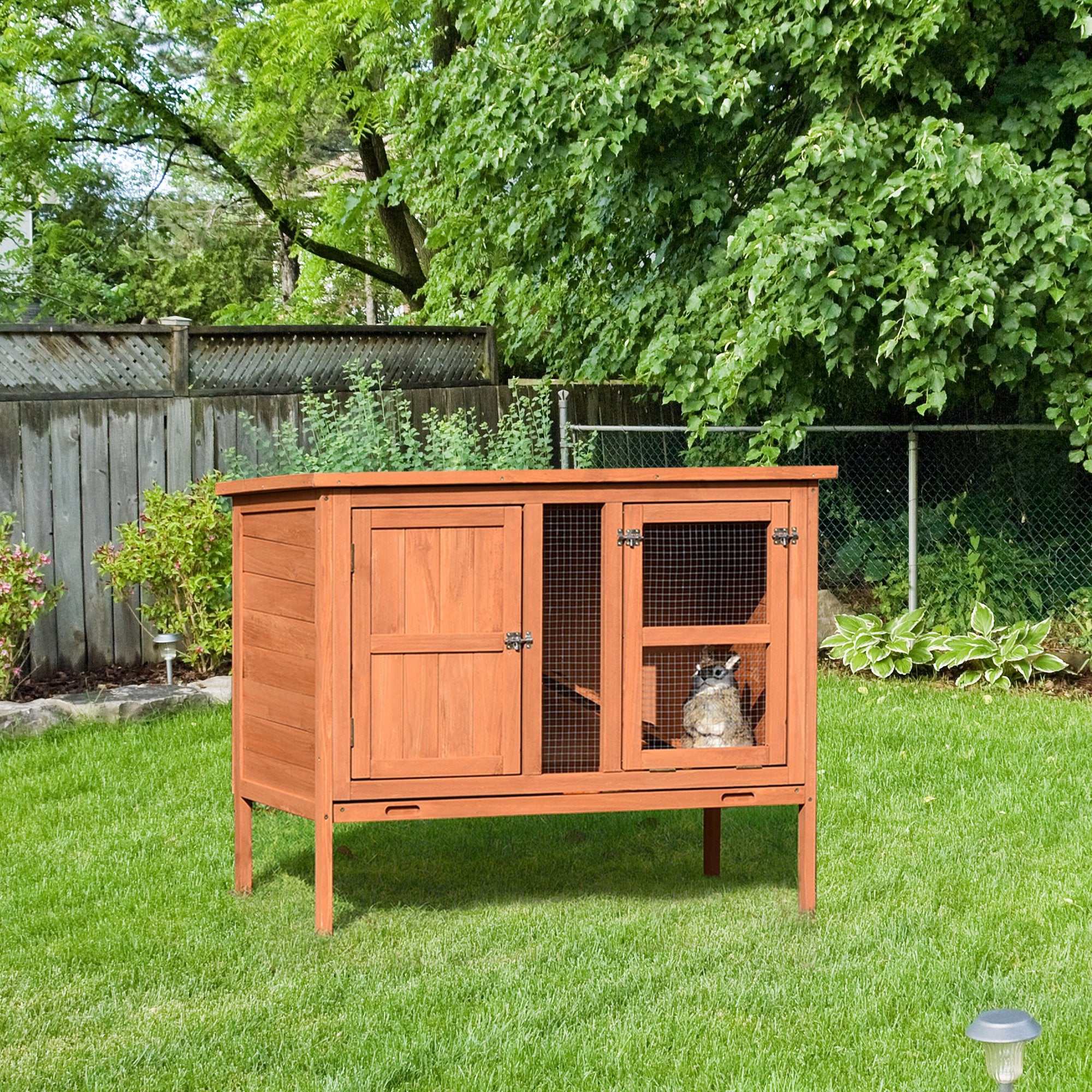 Wooden Rabbit Hutch Elevated Pet Bunny House with Slide-Out Tray Openable Roof