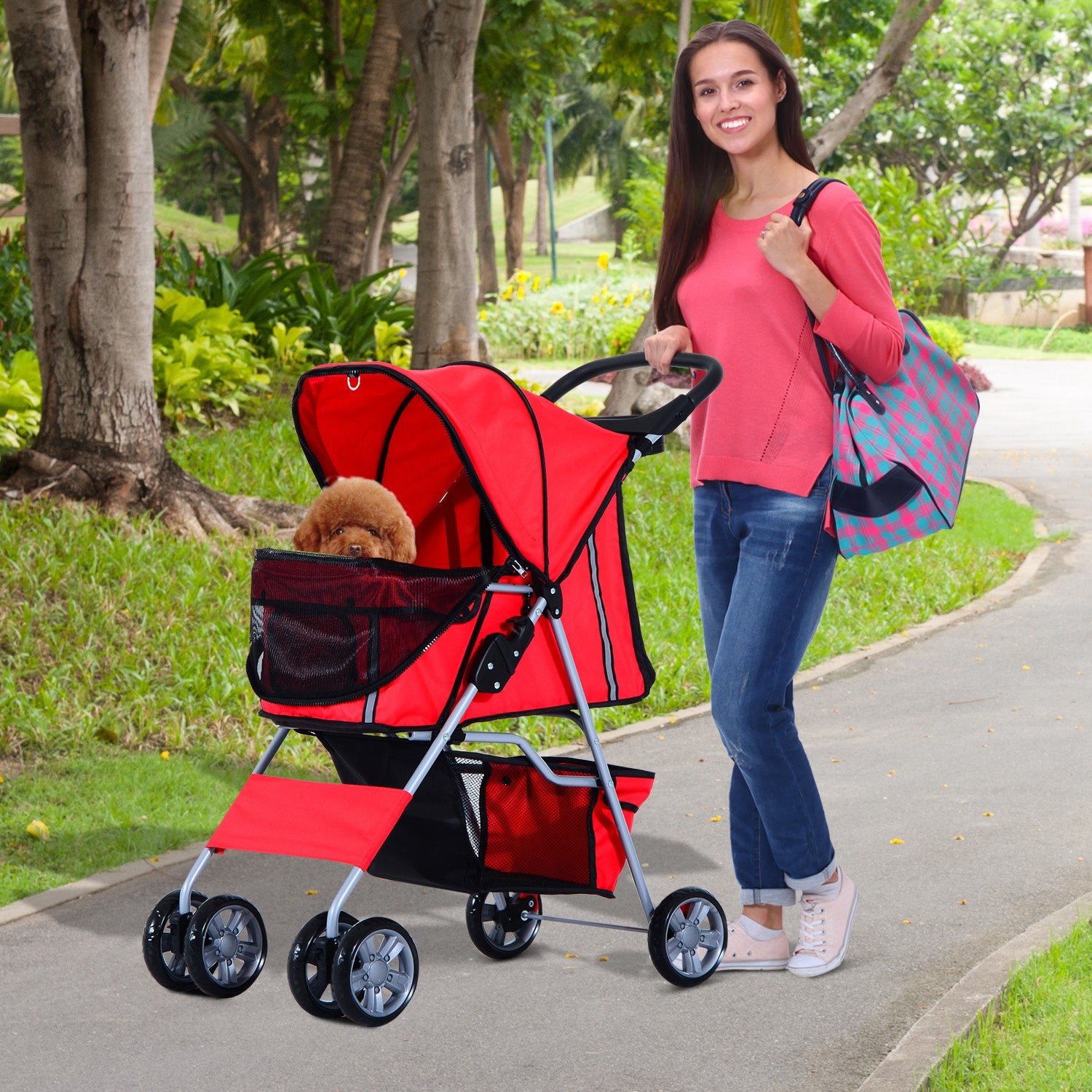 Dogs 600D Oxford Cloth Pram Red - Suitable for Small Pets