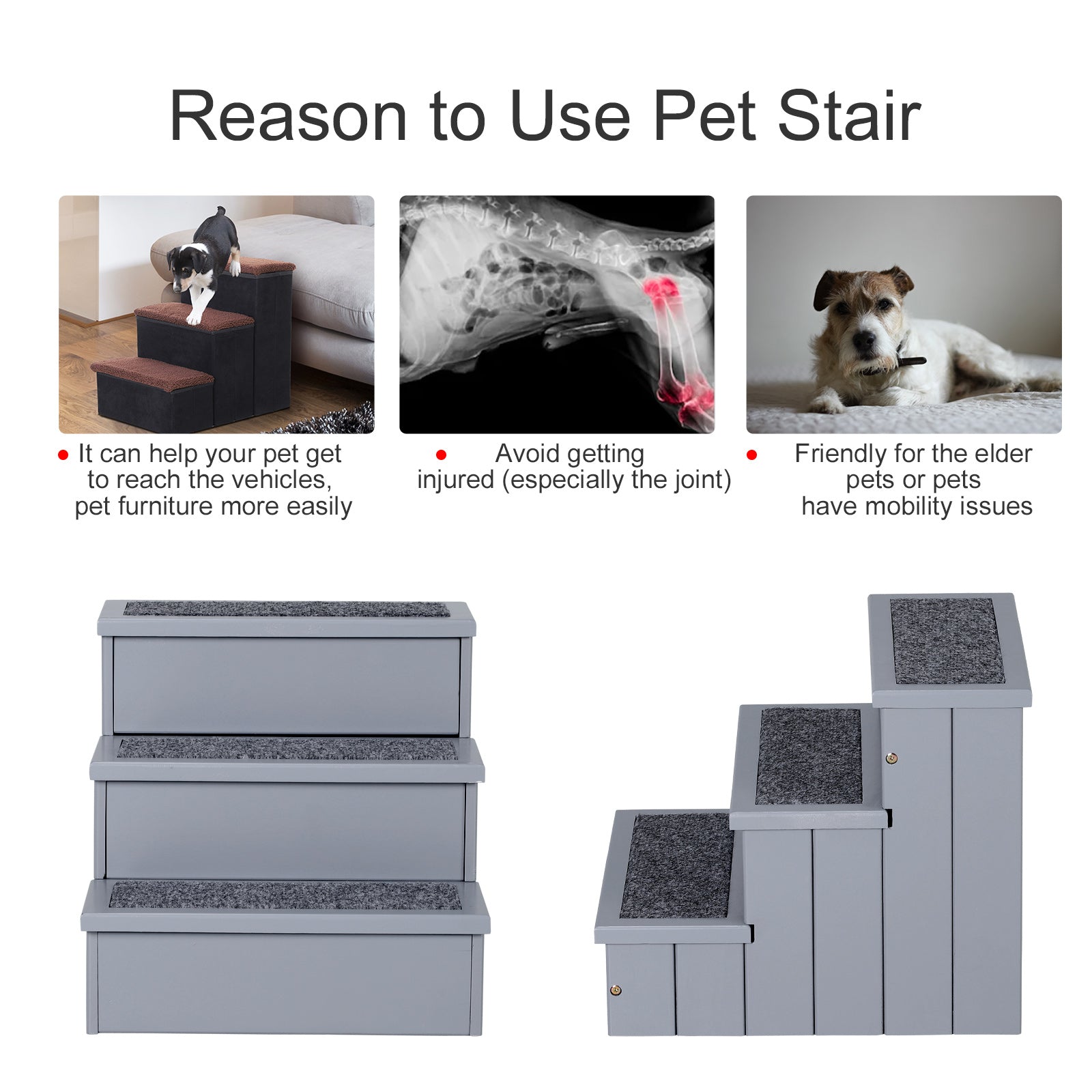 3 Step Wooden Pet Stairs Steps Carpet Non Slip for Cats and Small Dogs Grey