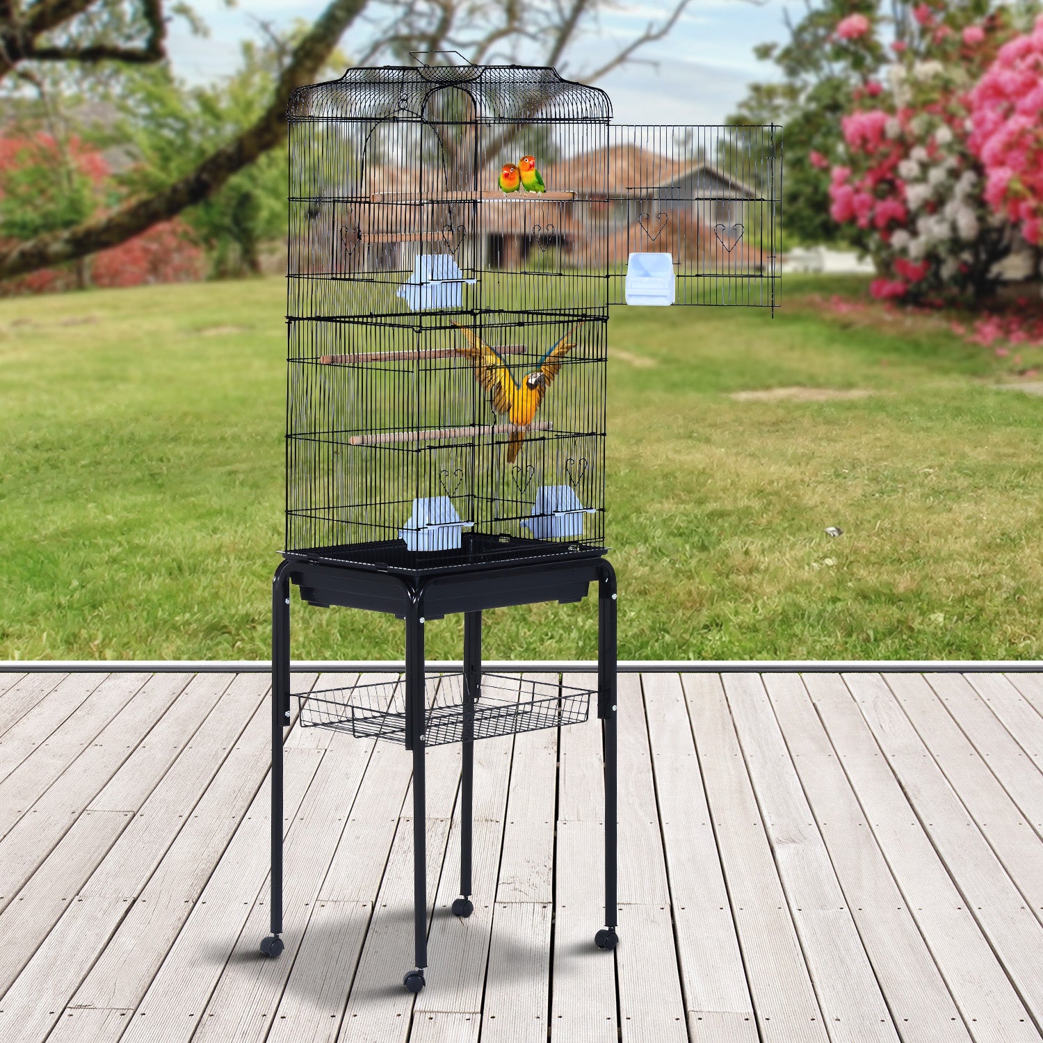 153cm Metal Bird Cage W/Removable Wheels Stand-Black