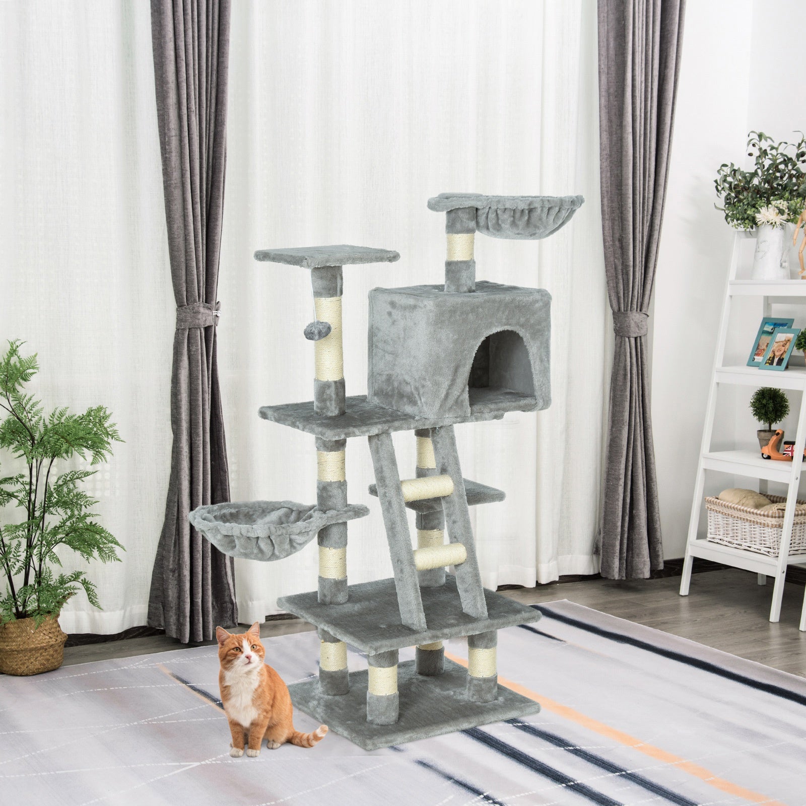 Cats 6-Tier Sisal Rope Activity Tree w/ Dangle Toy Grey