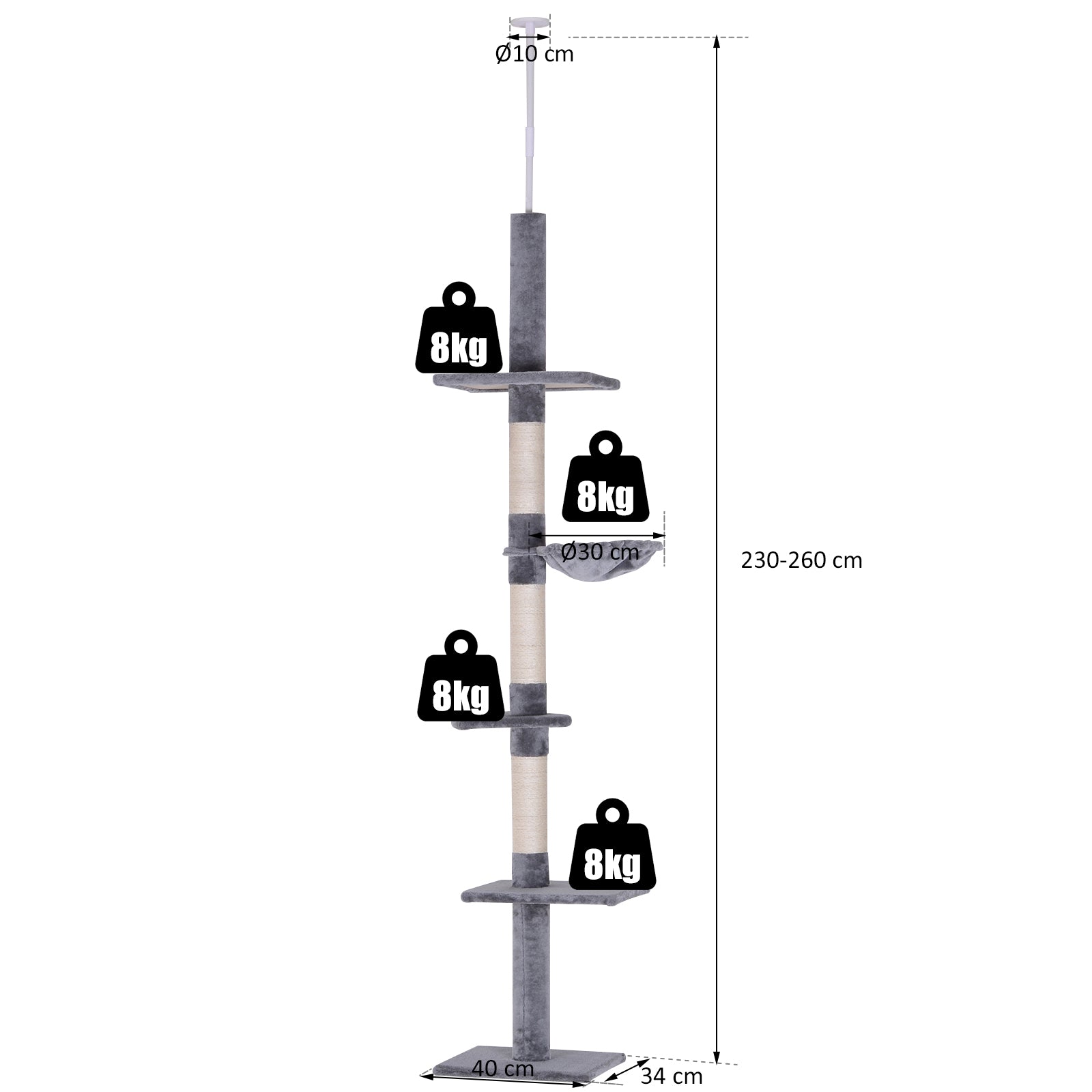 Cats Floor to Ceiling Scratching Post w/ 5-Tier Plush Leisure Platforms Grey