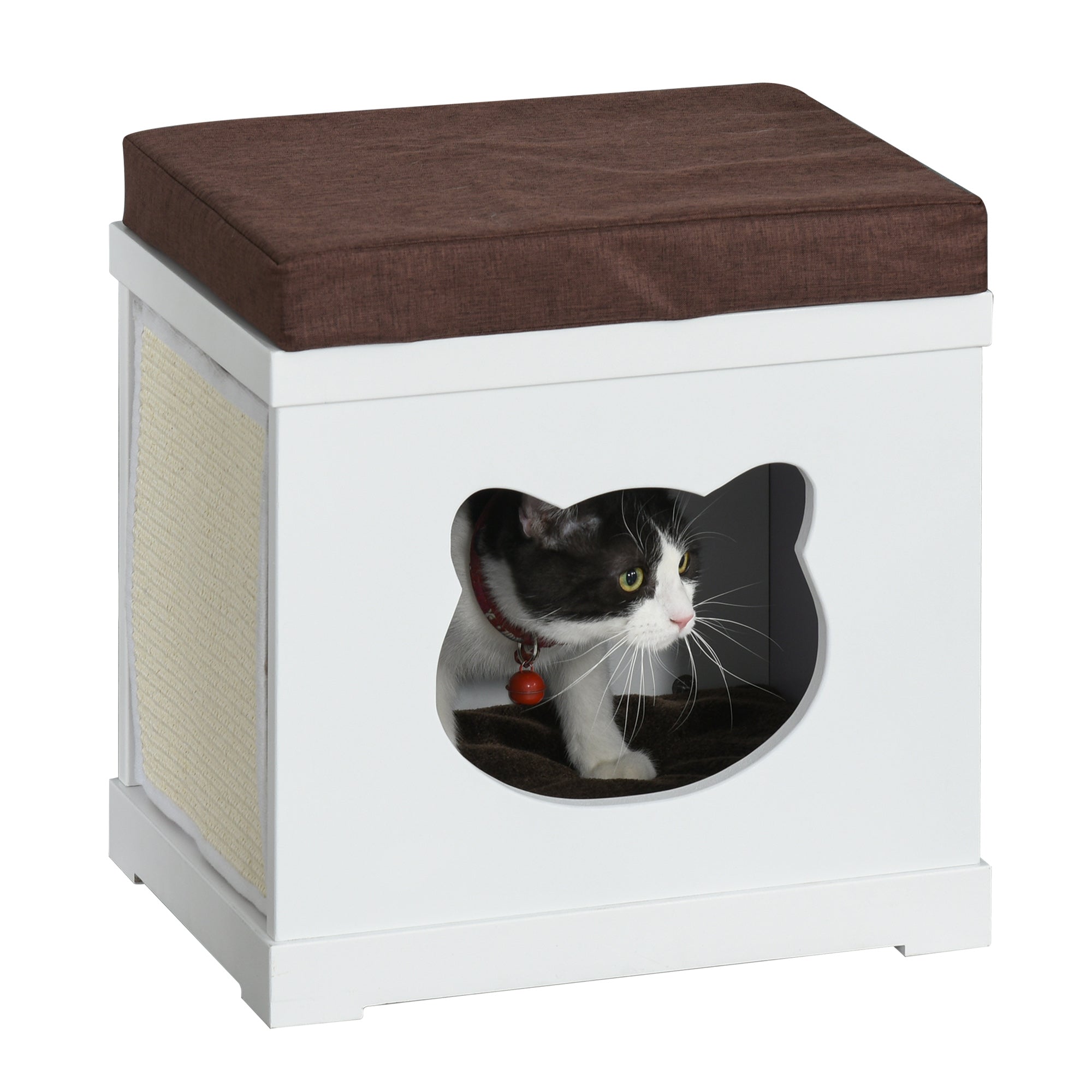 Wooden Cat House for Small Cat w/ Removable Scratching Pad and Soft Cushion