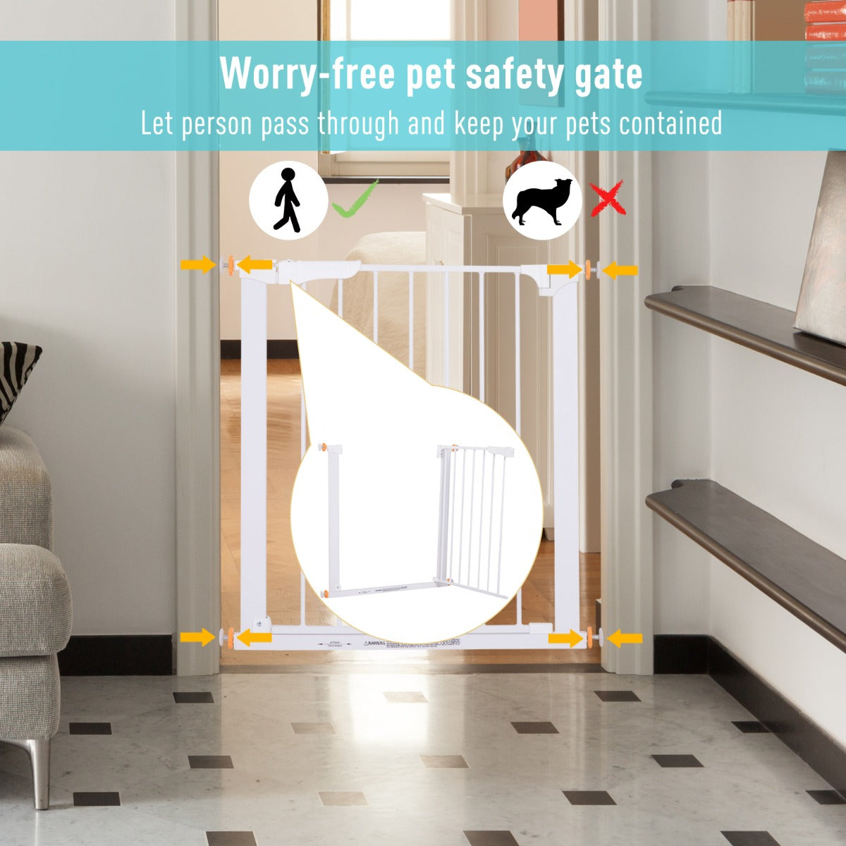 Pet Safety Barrier Gate W/ Iron tube, 74.9H x 73-80W cm-White