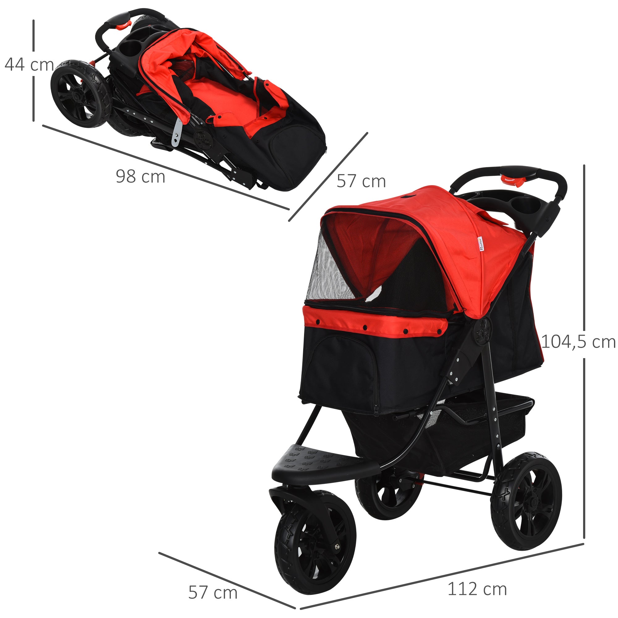 Oxford Cloth 3-Wheel Pet Stroller Red/Black