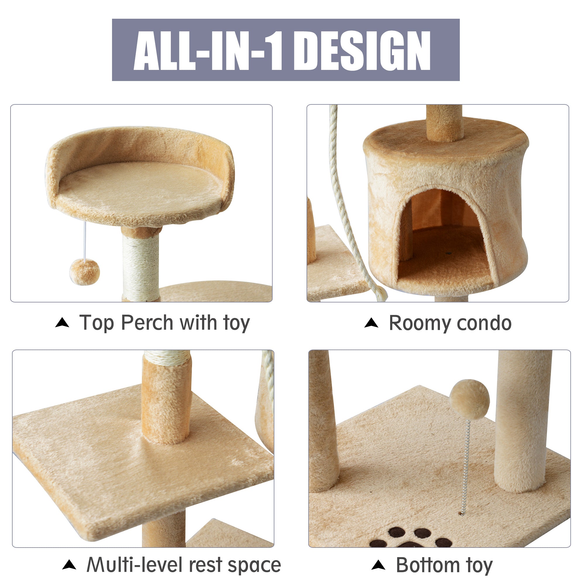Cat Tree House, 114H cm-Beige