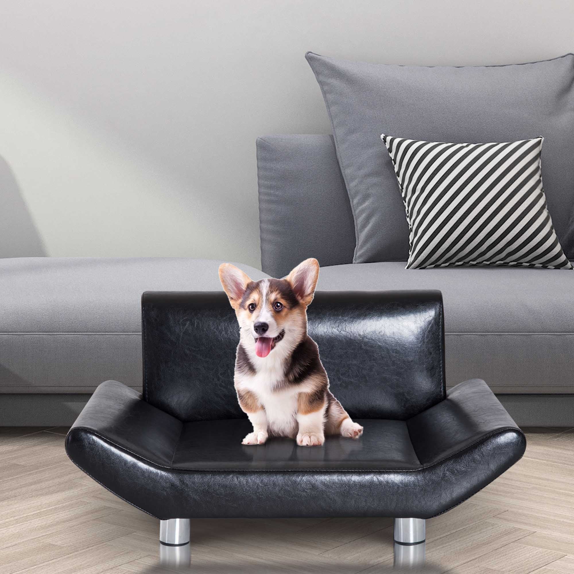 Pet Sofa Couch Bed, PU Leather, Wooden Frame-Black