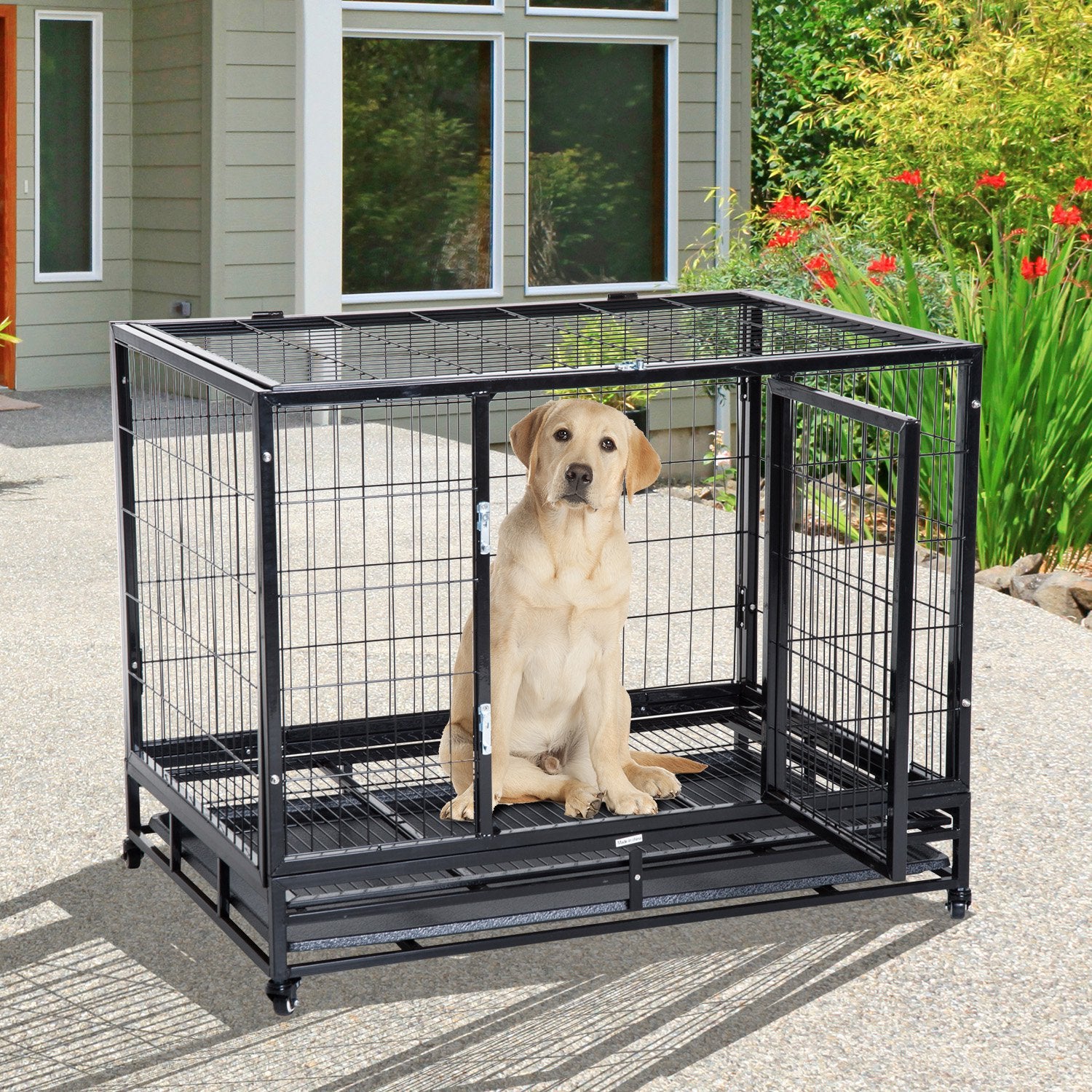 Metal Kennel Cage W/Wheels and Crate Tray, 95Lx61.5Wx68.5H cm