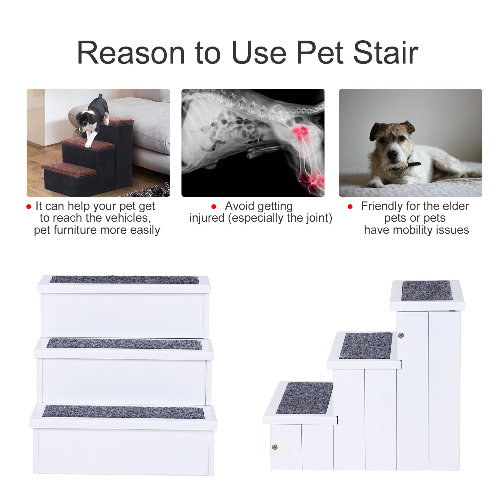 Pet 3-step Stairs Ramp Wood Carpet Non Slip