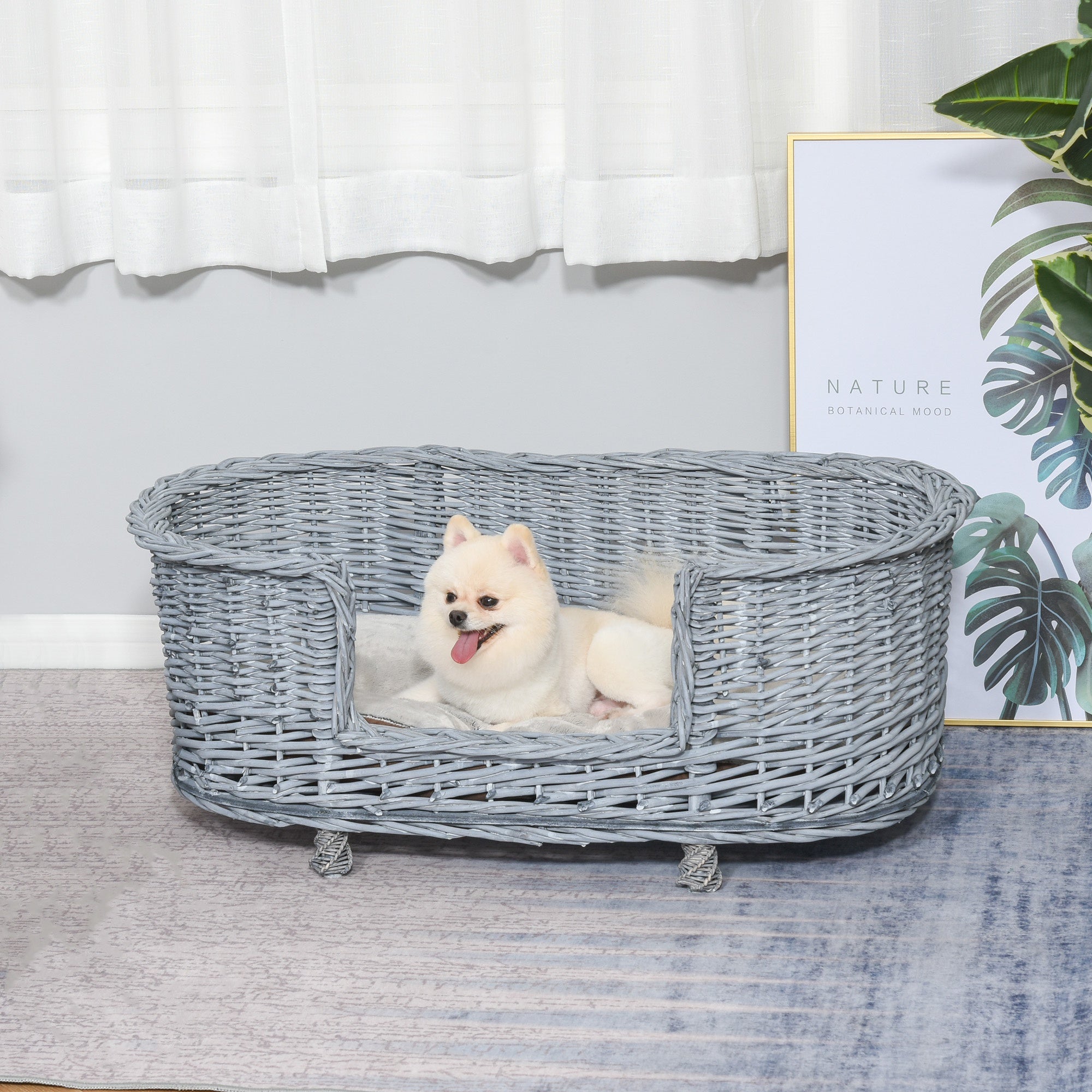 Dog Bed Basket Pet Sofa Cat Wiker Furniture Elevated Base w/ Soft Cushion
