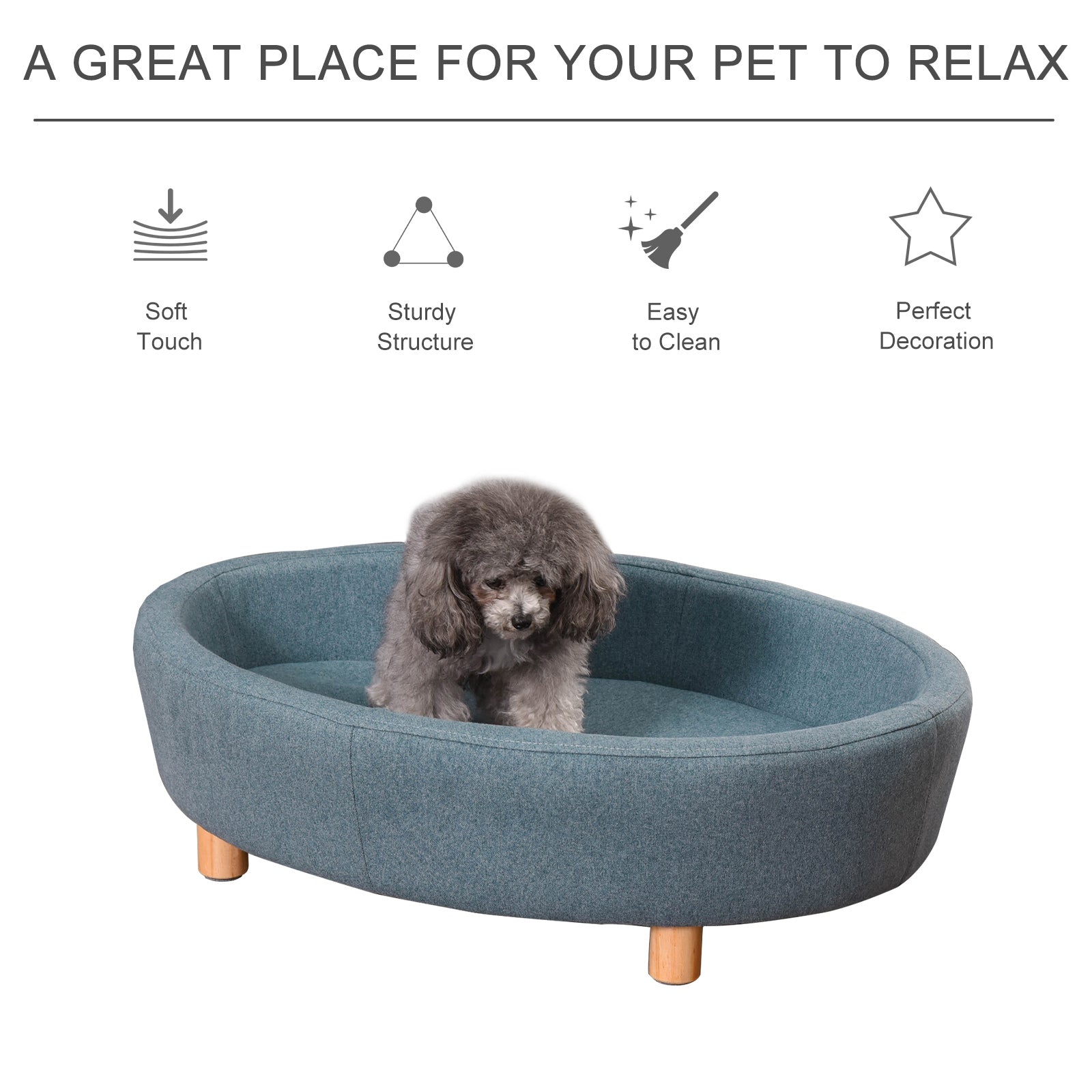 Pet Sofa Soft Couch Sponge Cushioned Bed Wooden legs, Light Blue