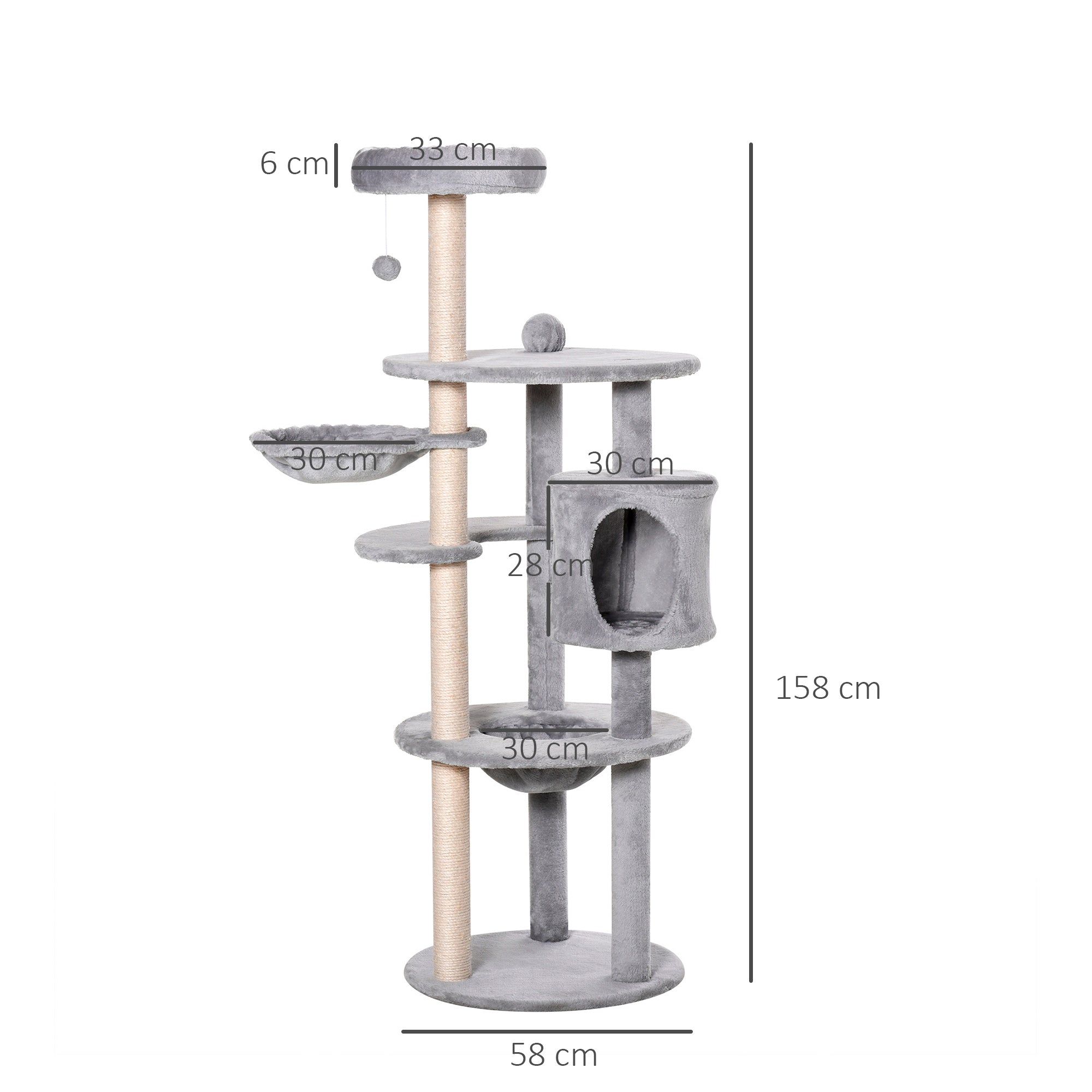 Cat Tree Tower w/ Scratching Posts Hammock Hanging Ball Condo 58 x 58 x 158cm