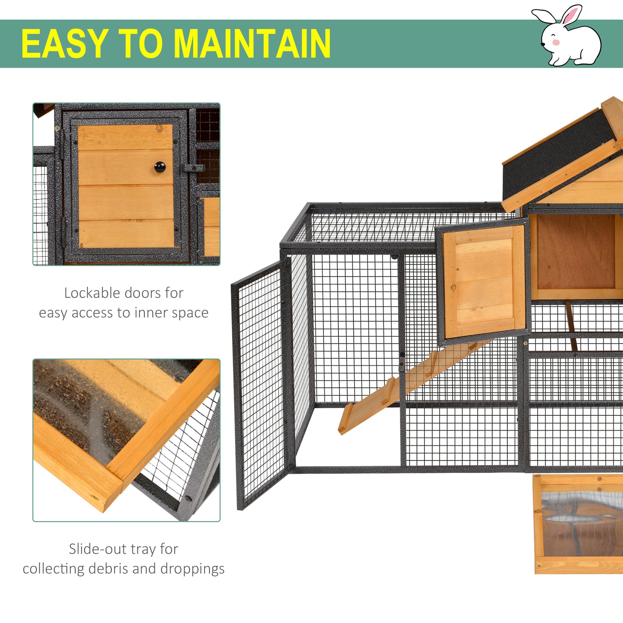 Wood-metal Rabbit Hutch Elevated Pet Bunny House Rabbit Cage with Slide-Out Tray Outdoor