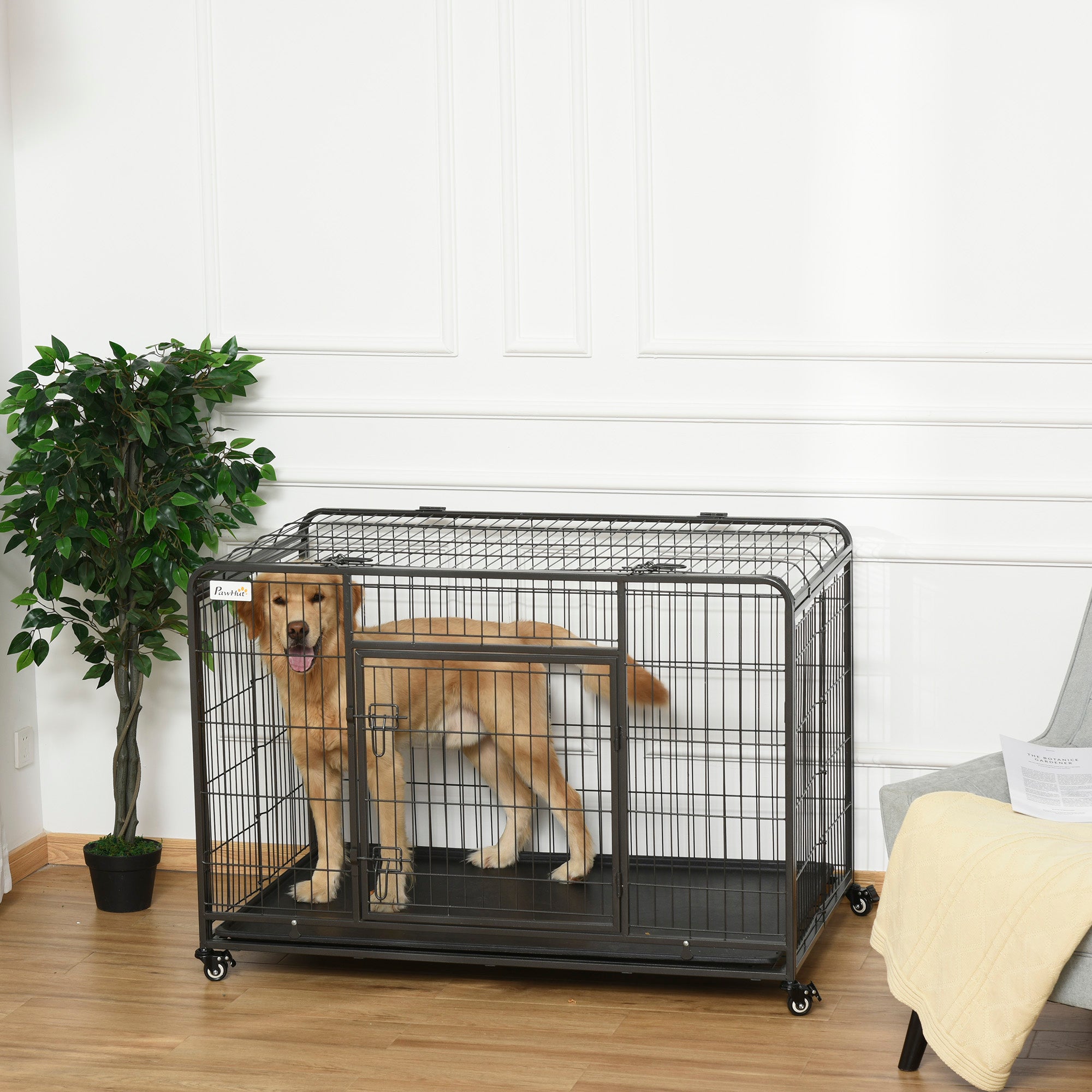 Dog Crates Foldable Puppy Kennel & Cage Pet Playpen w/ Tray Lockable Wheels