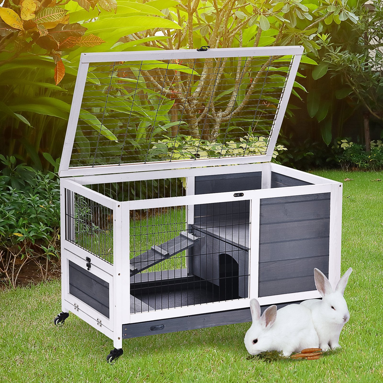 Rabbits Indoor Fir Wood Lift-Top Hutch-Grey and White