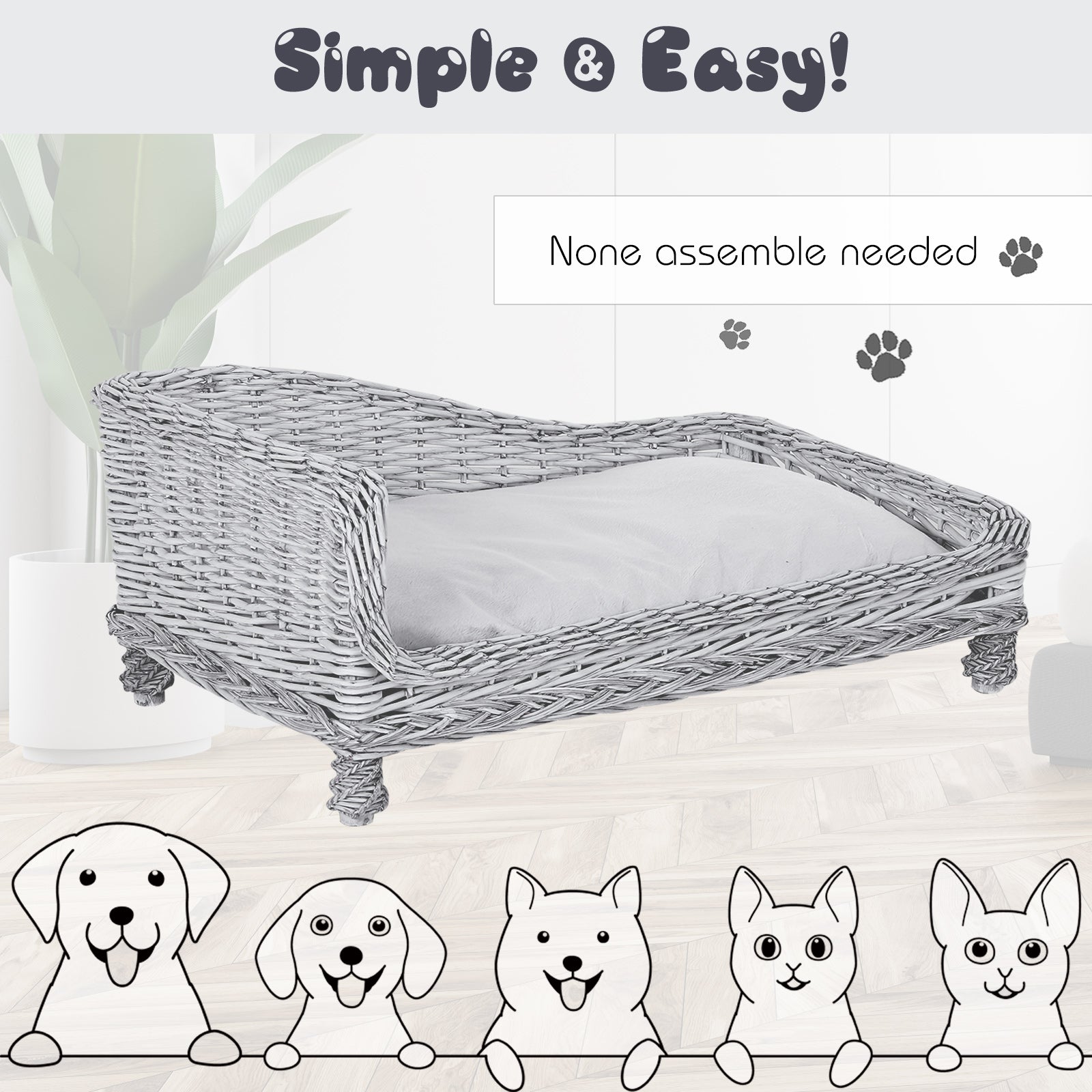 Hand Woven Pet Bed Natural Wicker w/ High Back Fleecy Cusion 4 Feet Small