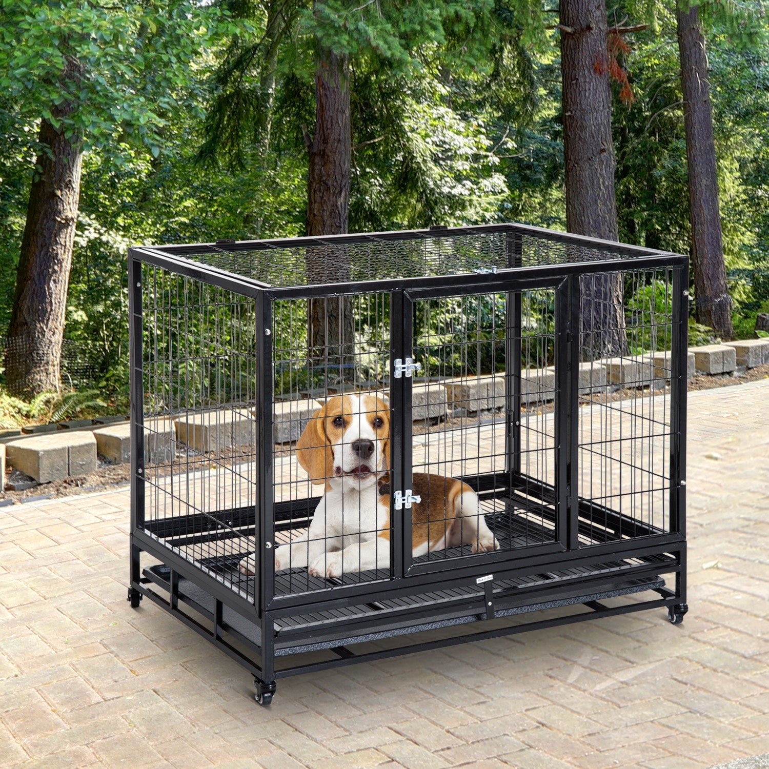Metal Kennel Cage W/Wheels and Crate Tray, 109Lx76Wx87H cm 