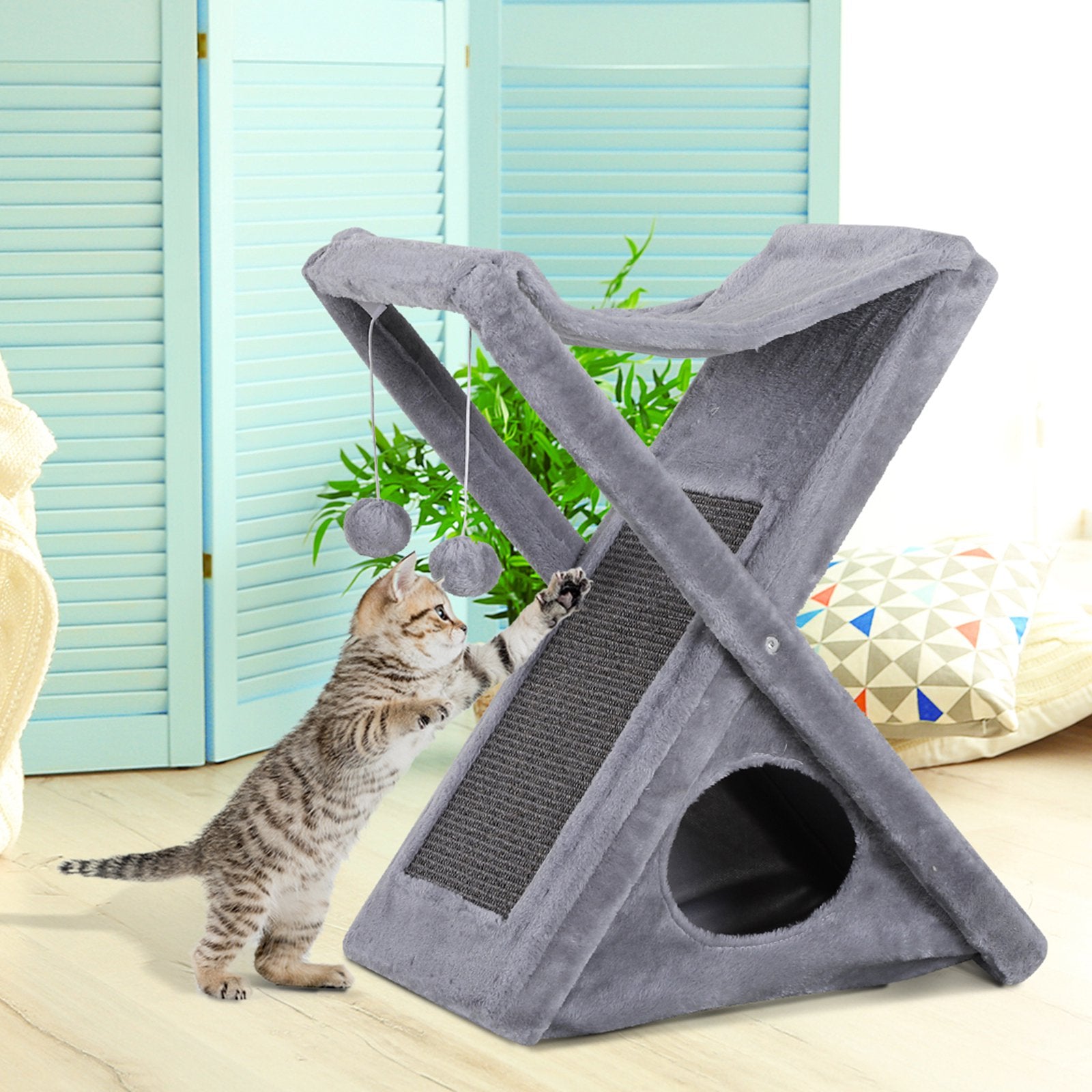 Two Tier Cat Tree Tower Scratching Post, 50L x 32W x 65Hcm-Grey