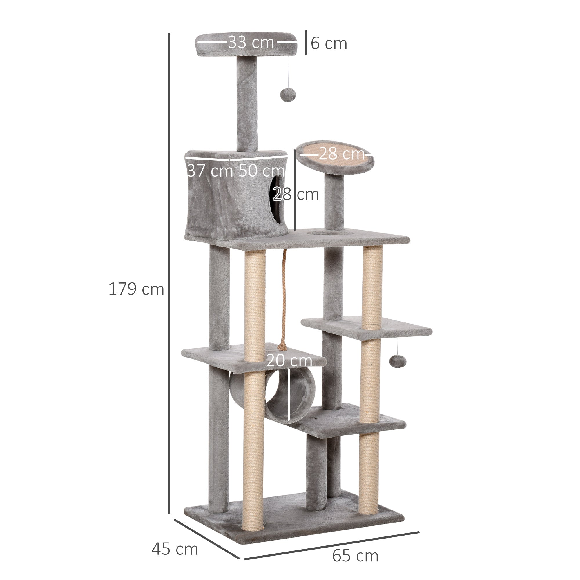 Cat tree Tower 179cm Climbing Activity Centre Kitten with Jute Scratching Post Pad Condo Perch Hanging Balls Tunnel Teasing Rope Toy Dark Grey