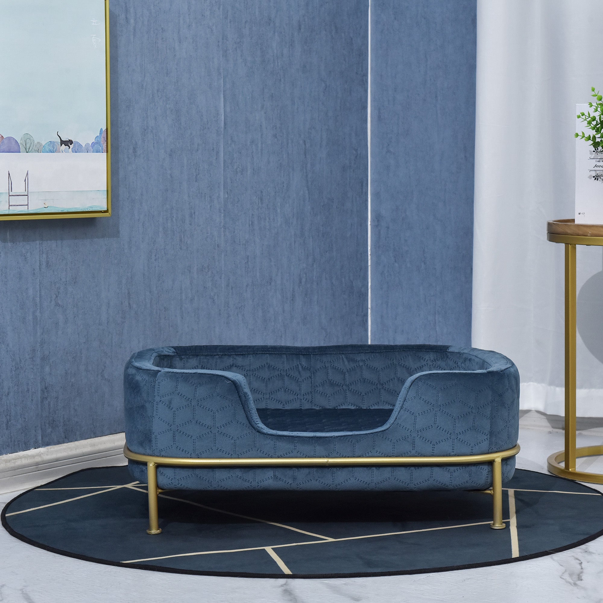 Velvet Upholstered Elevated Small Pet Bed Blue/Gold