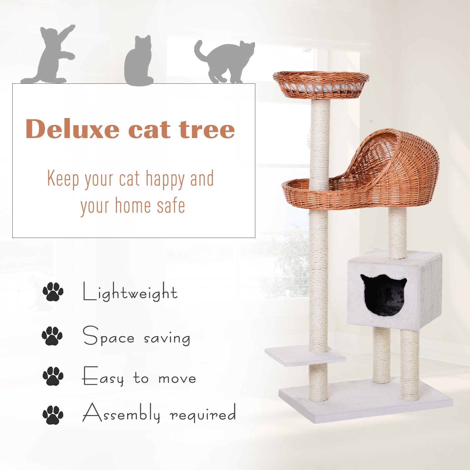 Cats 4-Tier Sisal Rope Scratching Post w/ Cave White