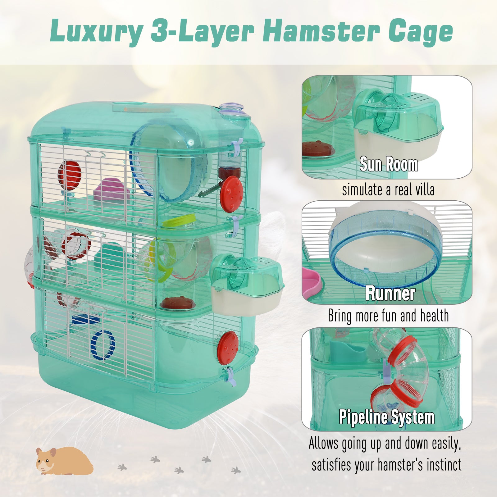 Plastic 3-Tier Hamster Cage w/ Tunnels Green