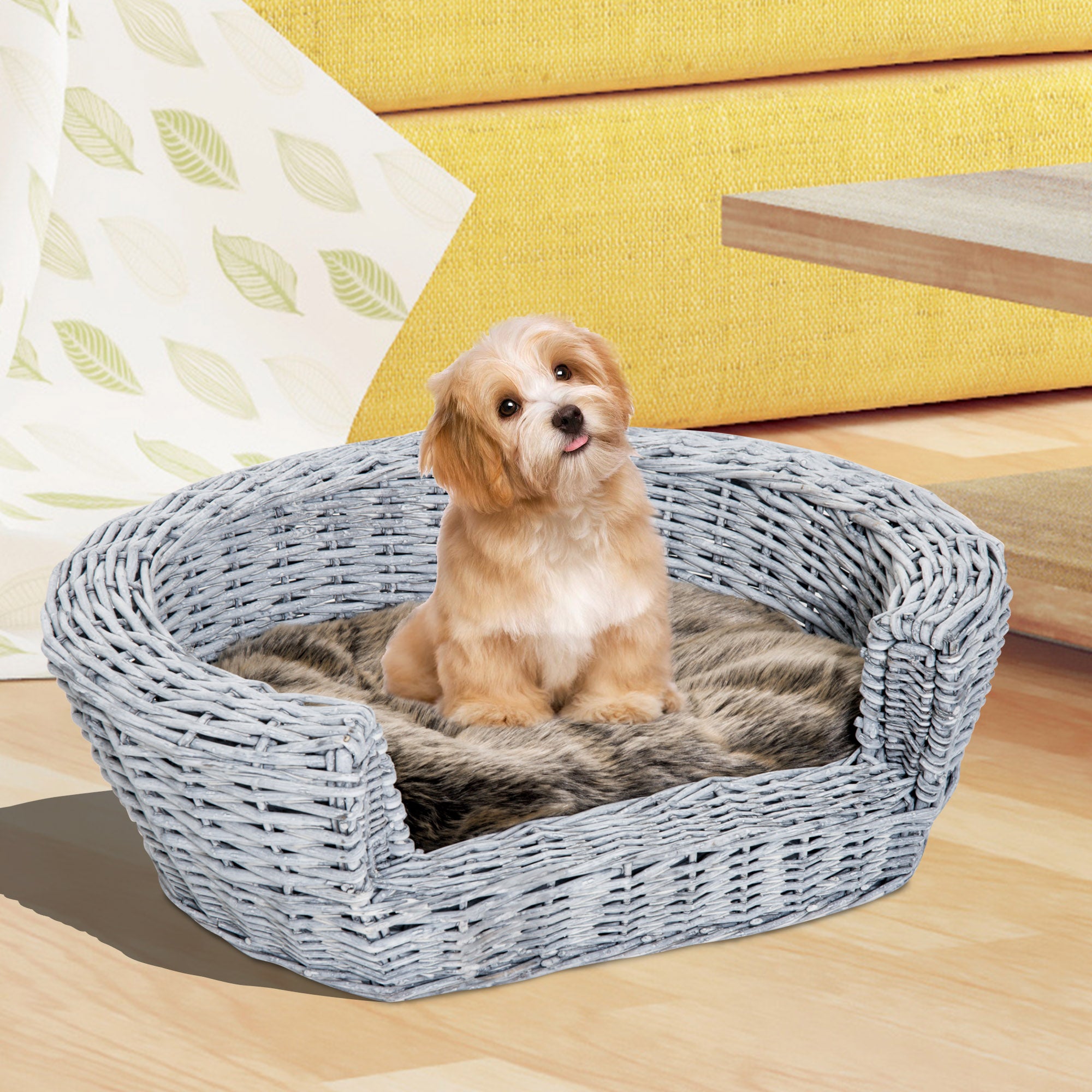 Pet Basket Sofa Bed, 57Lx46Wx17.5H cm, Willow Rattan-Grey
