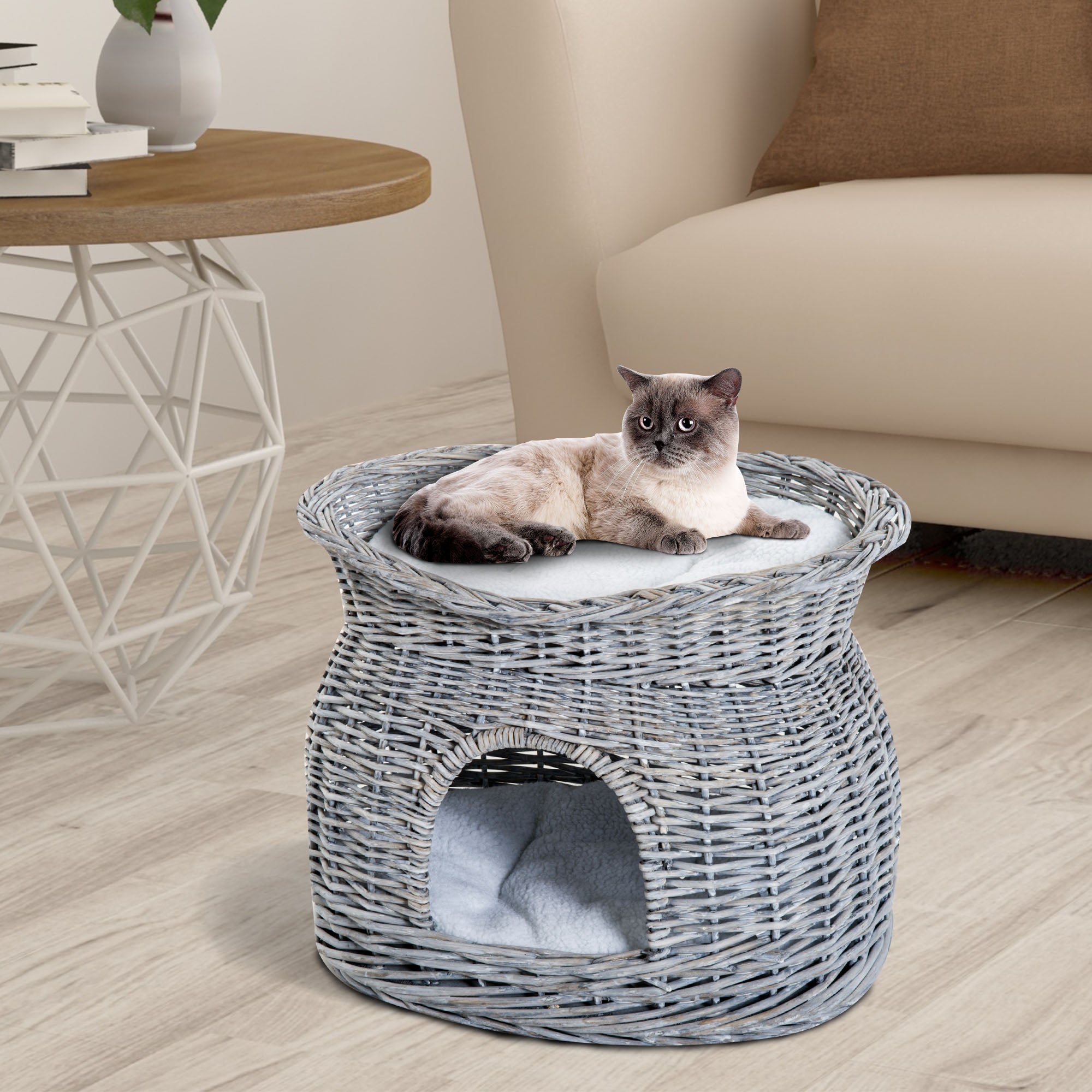 2-Tier Elevated Cat Bed Basket W/Cushion-Grey