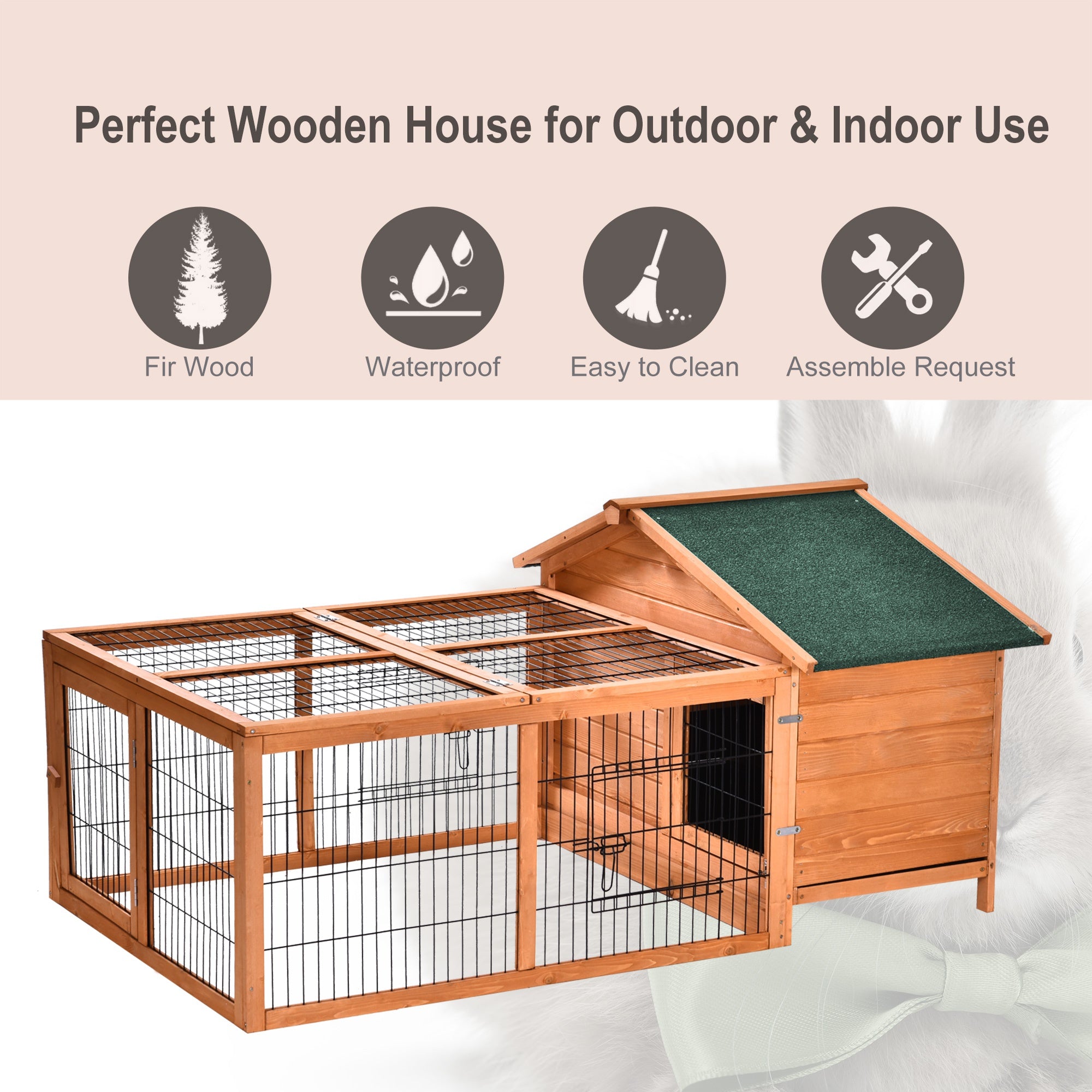Wooden Rabbit Hutch Detachable Rabbit Cage Pet House with Openable Run & Roof Slide-out Tray