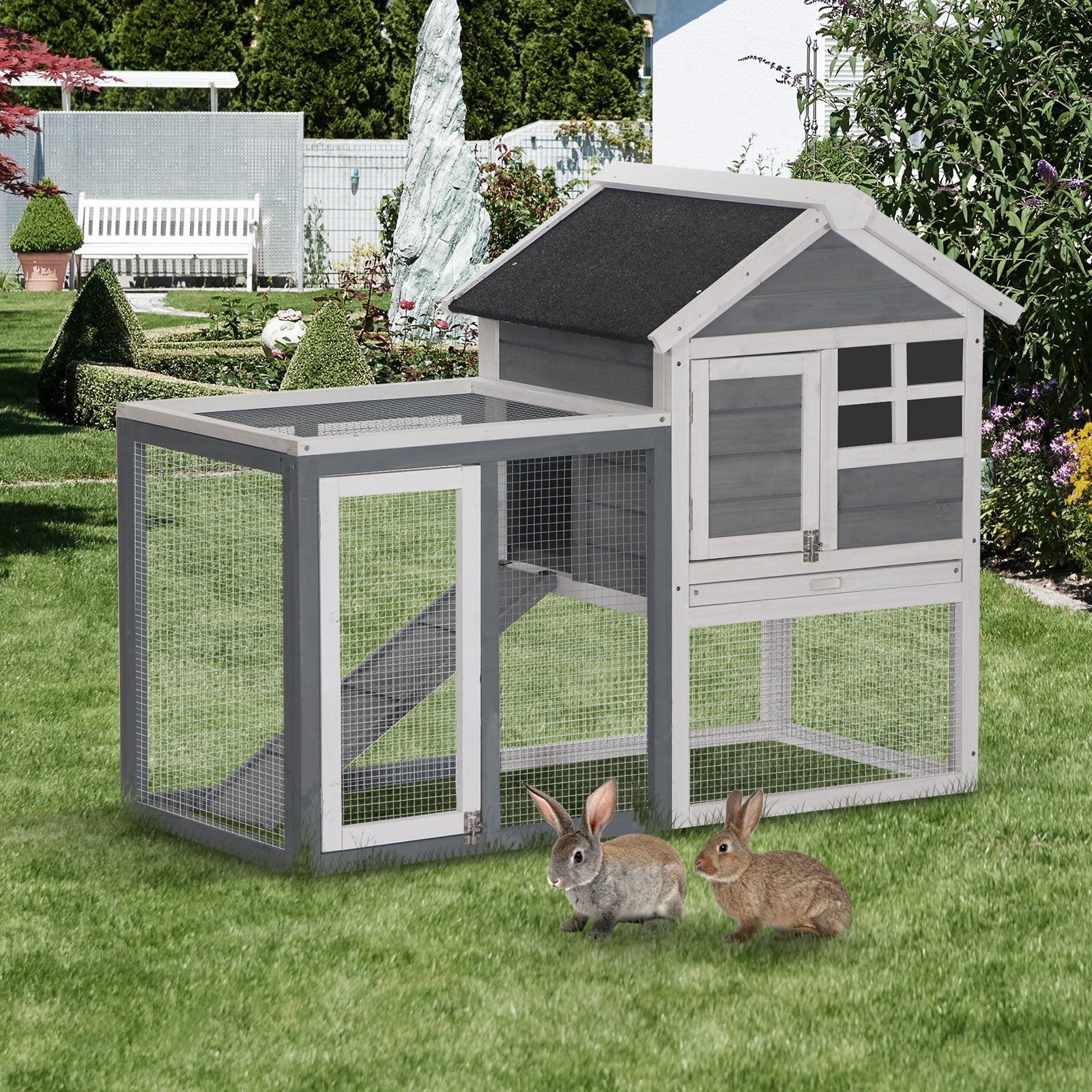 122cm Rabbit Hutch Cage Bunny House Wooden Habitat Pet Small Animal w/ Tray Ramp