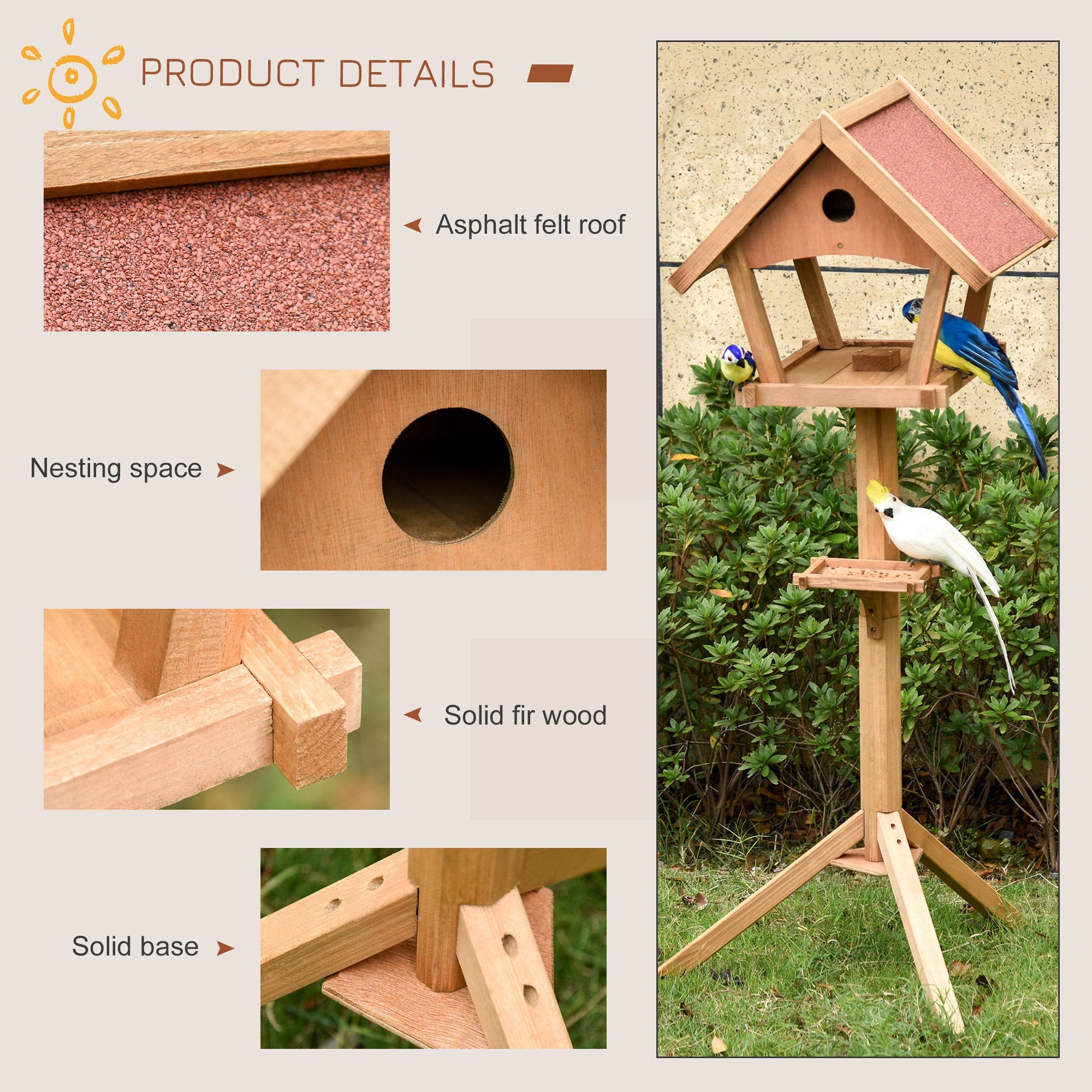 Wooden Bird Feeder Stand for Garden Pre-cut Weather Resistant 49 x 45 x 139cm