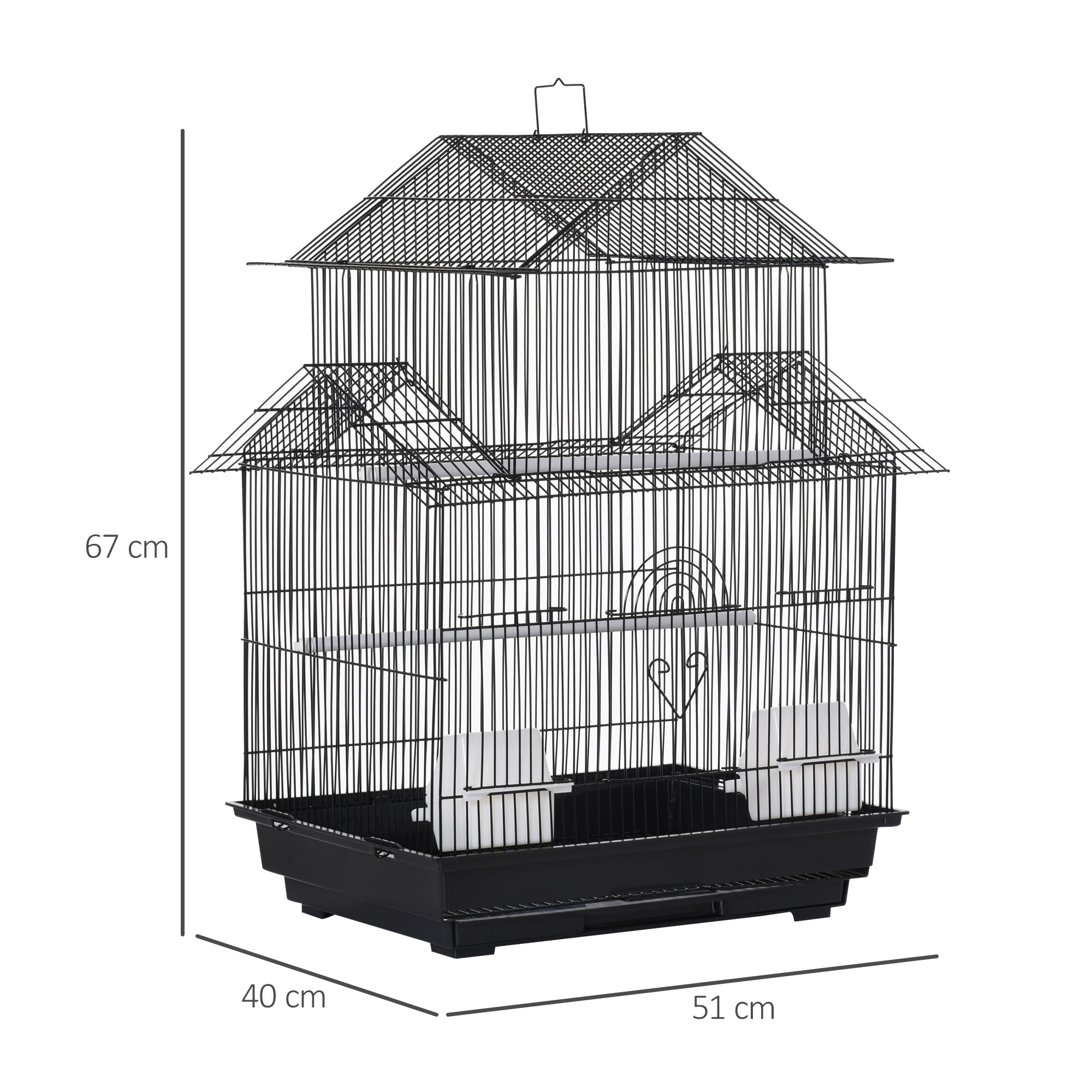 Metal Bird Cage w/ Plastic Perch Food Container Handle Small 51 x 47 x 67cm Black