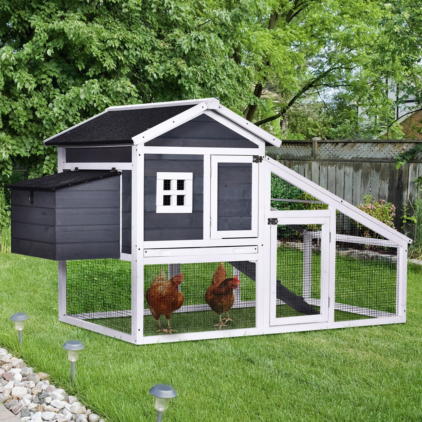 Wooden Chicken Coop Poultry House with Nesting Box Run Ramp Sliding Tray Grey