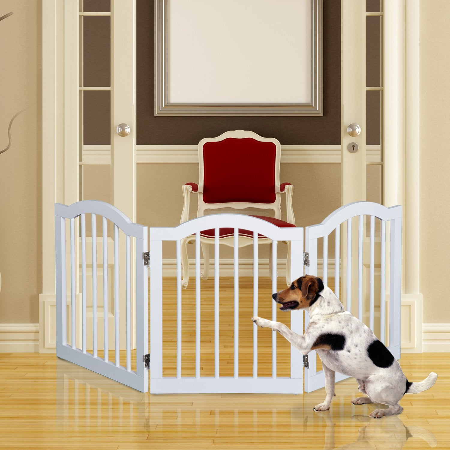 Wooden Dog Gate Stepover Panel Pet Fence Folding Safety Barrier-White