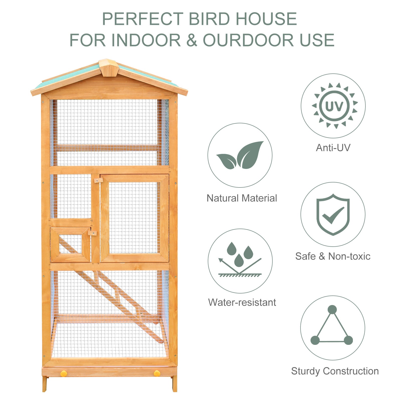 Pine Wood 2-Door Waterproof Bird Cage Wood Tone
