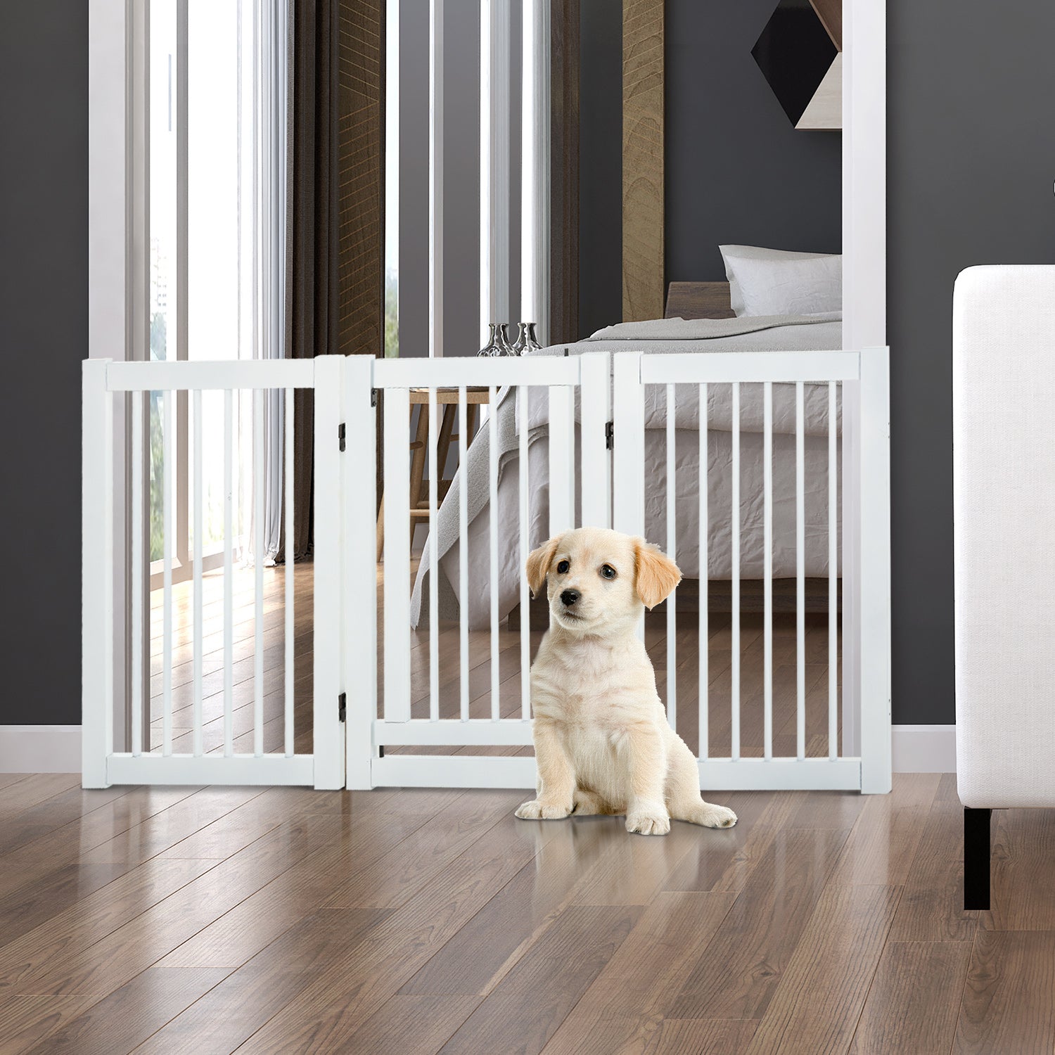 MDF Freestanding Expandable Pet Gate w/ Latched Door White