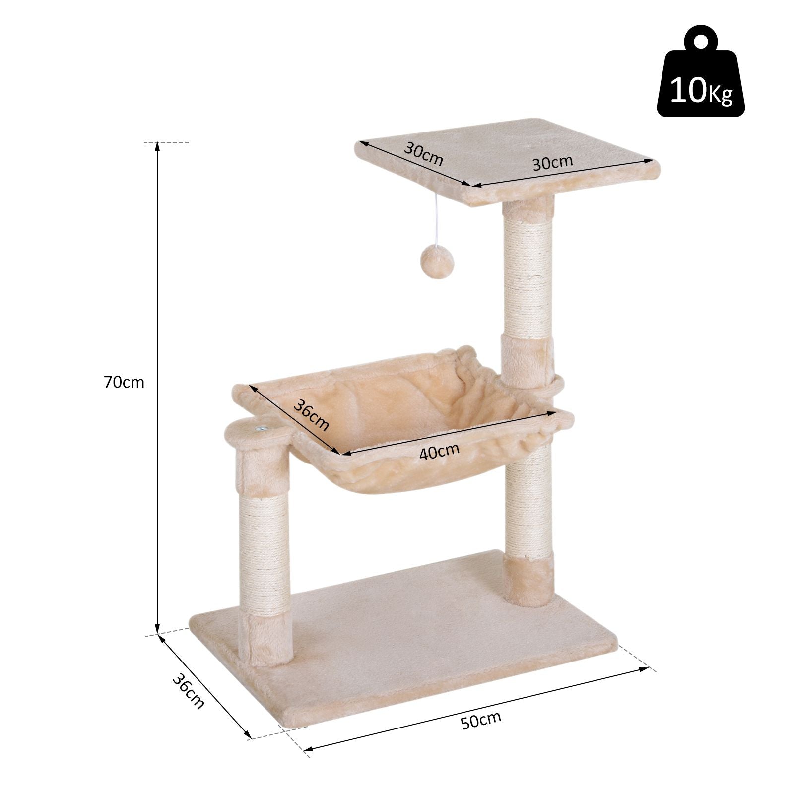 Cat Tree Hammock Bed Natural Sisal Scratching Post w/ Dangle Toy 2 Tier 70cm Pet Scratch Stand