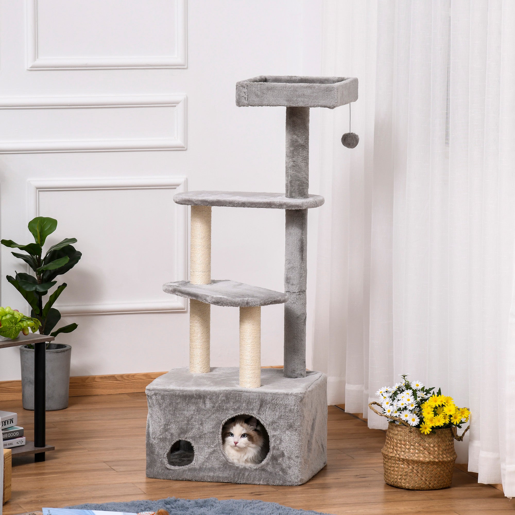 Cat Tree Kitten Tower w/ Sisal Scratching Post Condo Plush Perches Hanging Ball