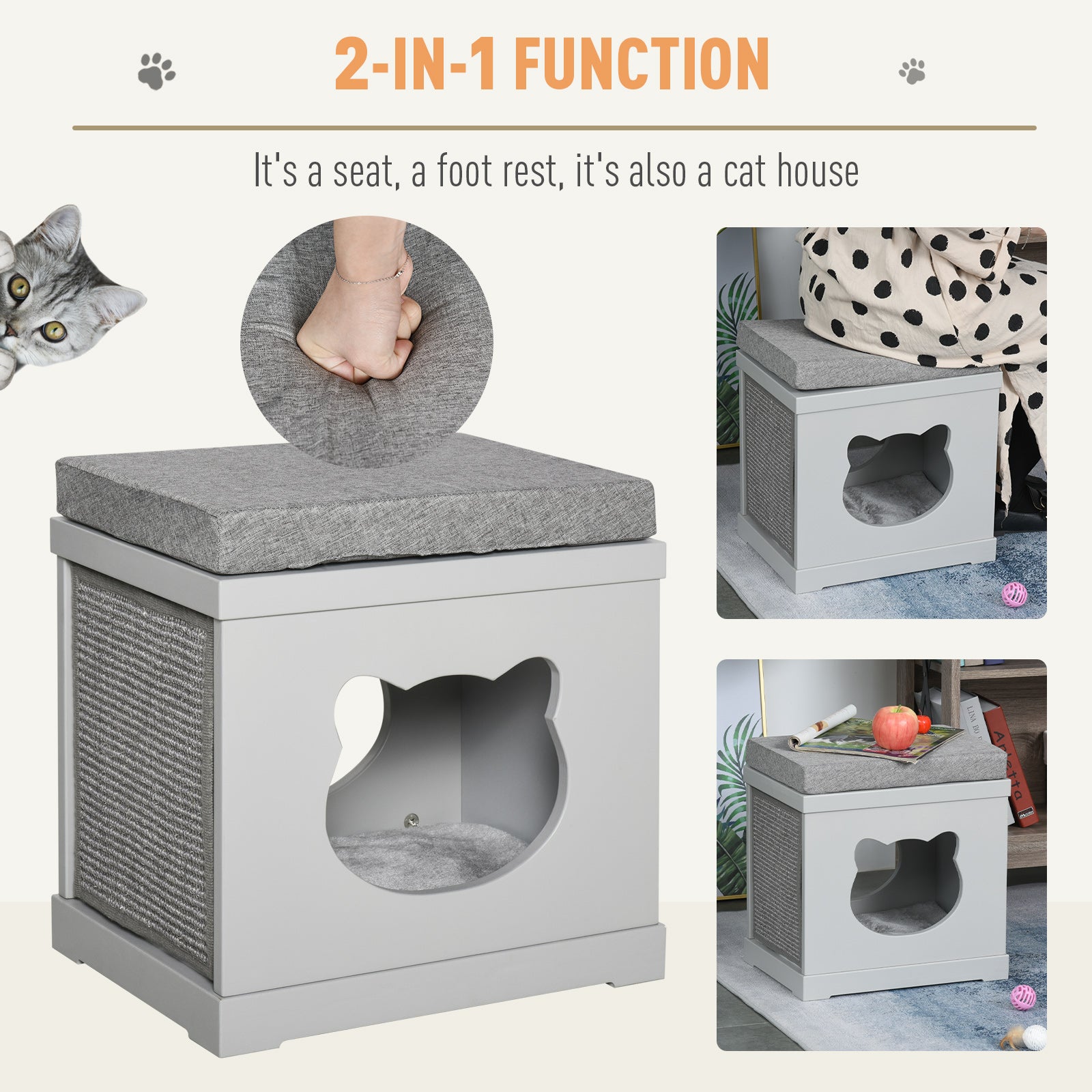 Wooden Cat House for Small Cat w/ Removable Scratching Pad and Soft Cushion