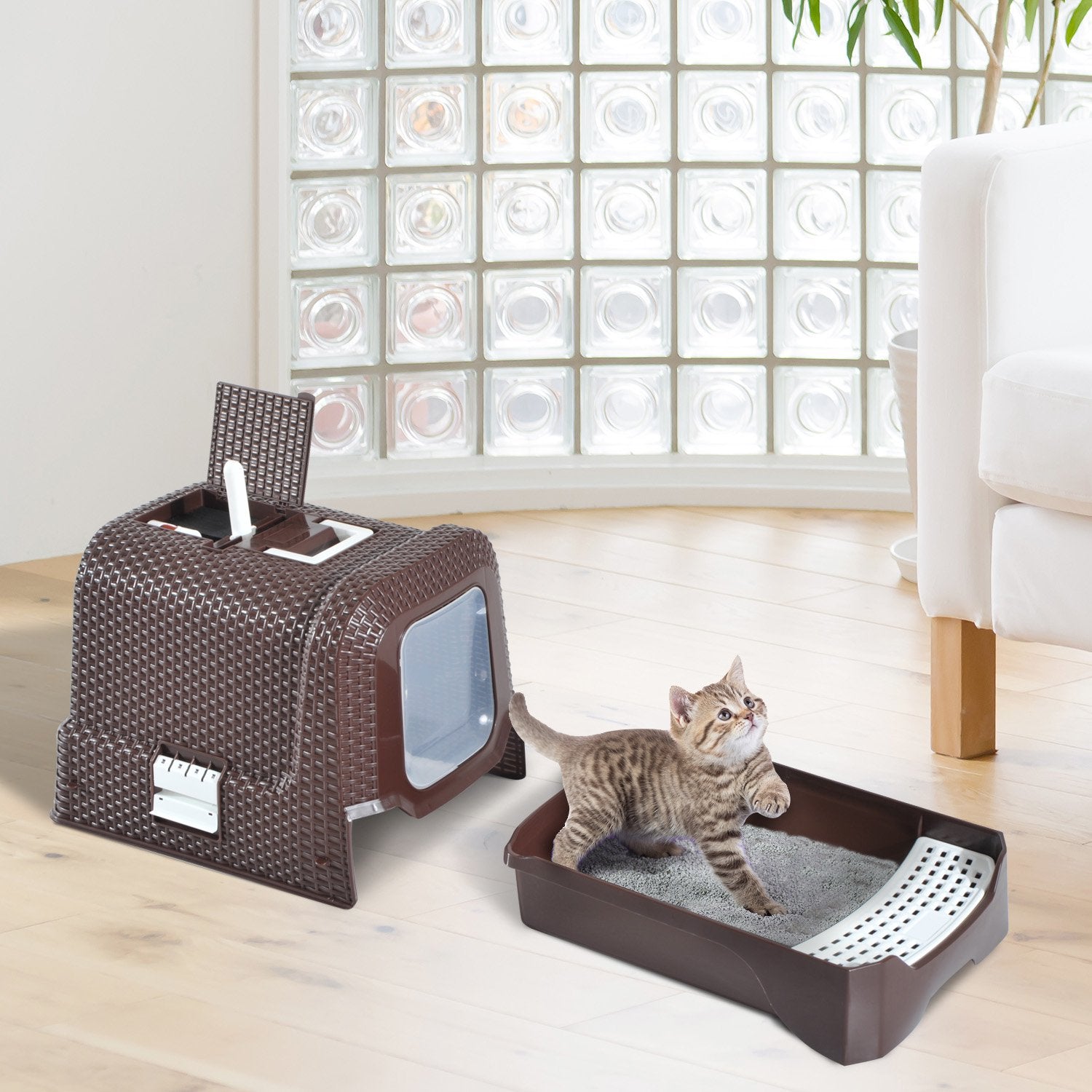 Cats PP Pull-Out Litter Box Dome with Scoop Coffee