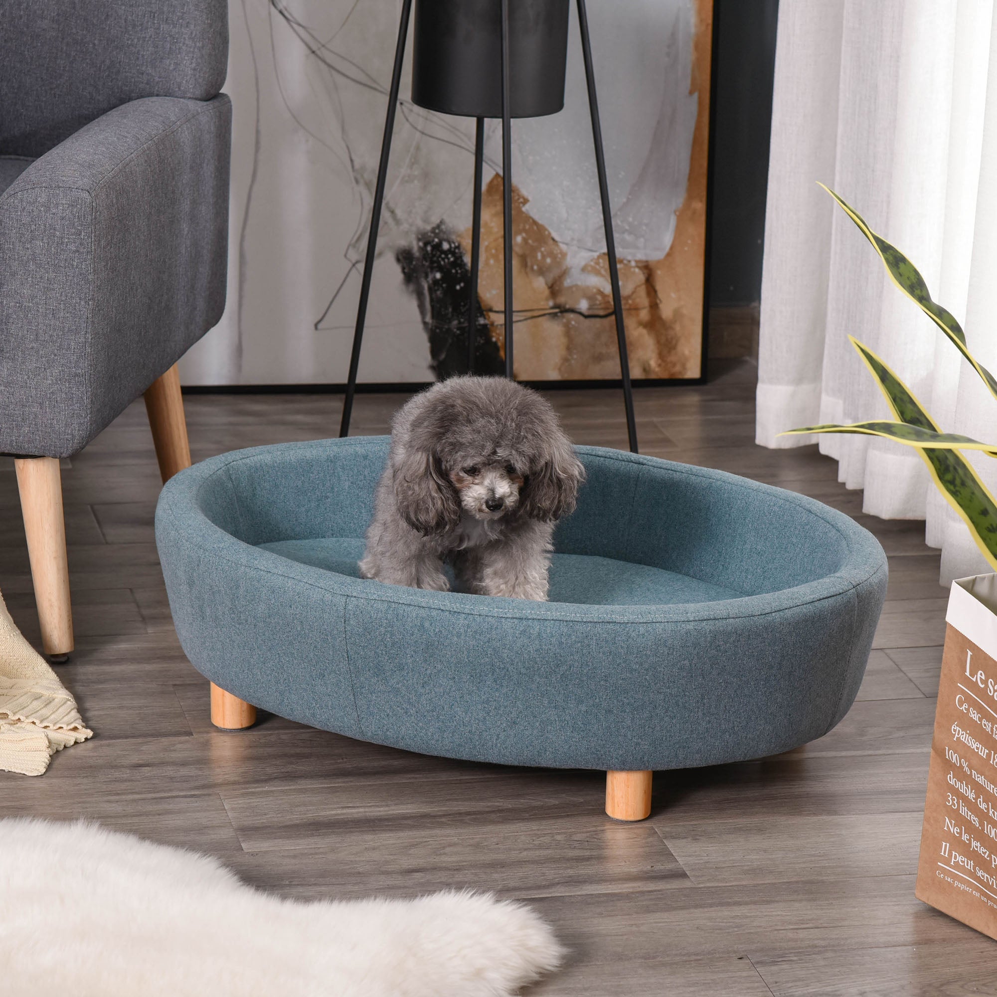 Pet Sofa Soft Couch Sponge Cushioned Bed Wooden legs, Light Blue