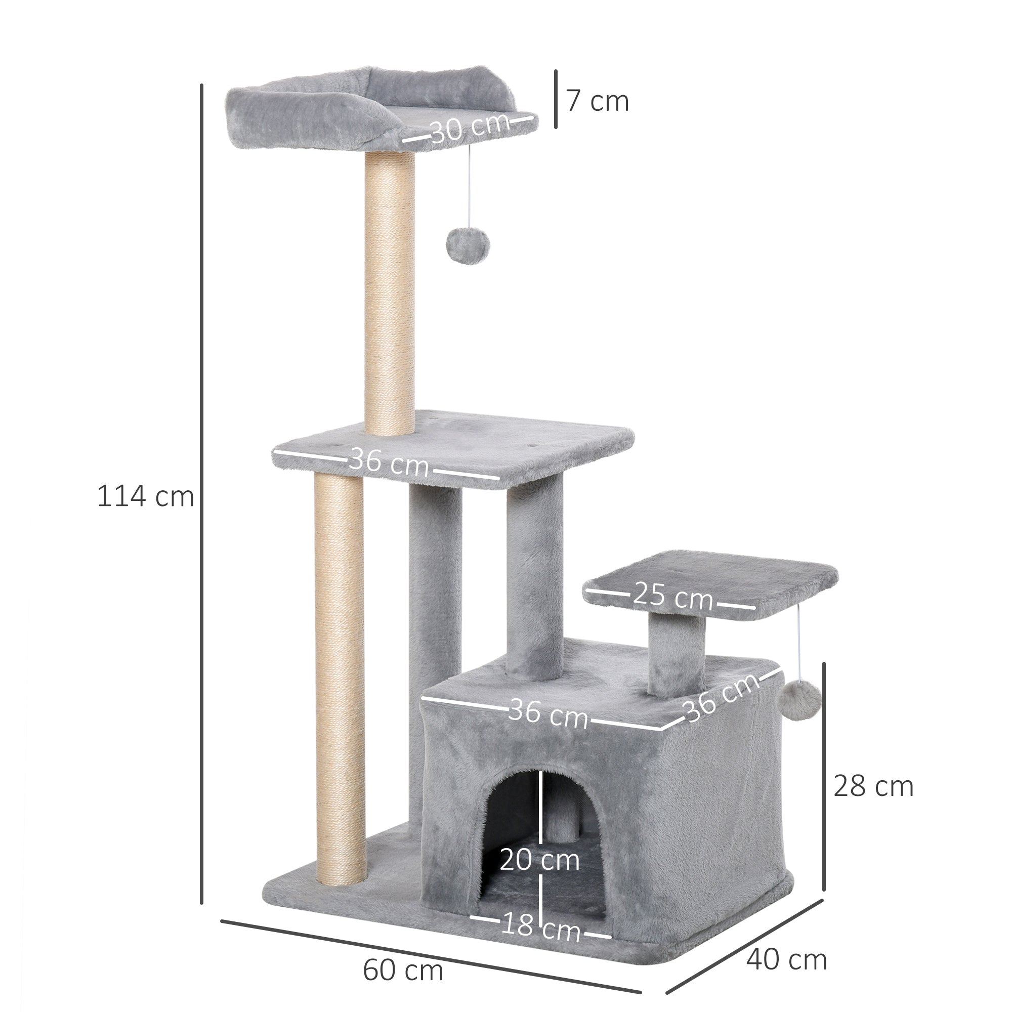 Cat Tree Tower w/ Scratching Posts Sisal Hanging Ball Condo 60 x 40 x 114cm